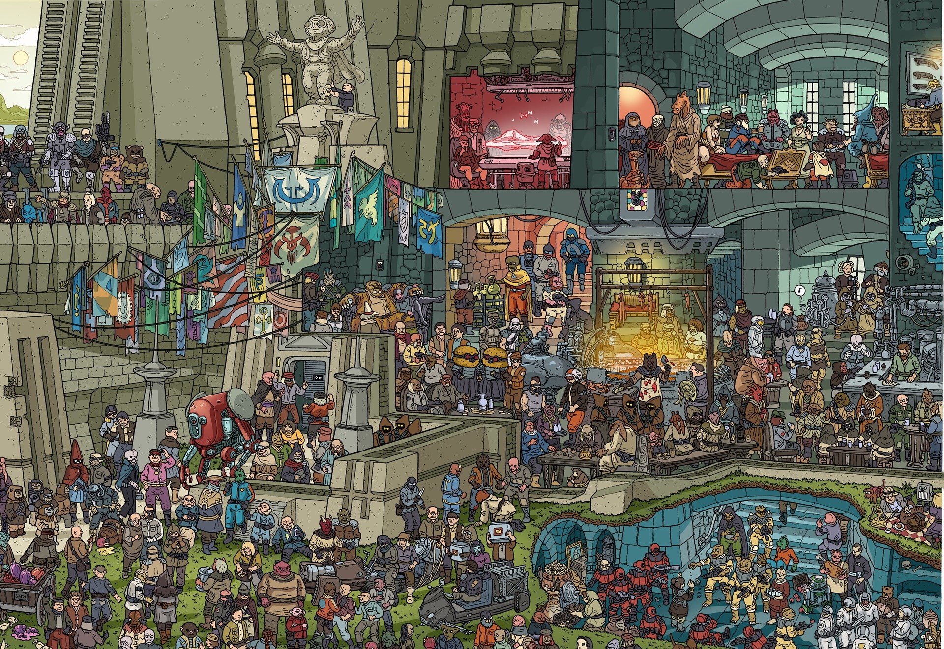 Science fiction scene with many characters and banners HD Wallpaper