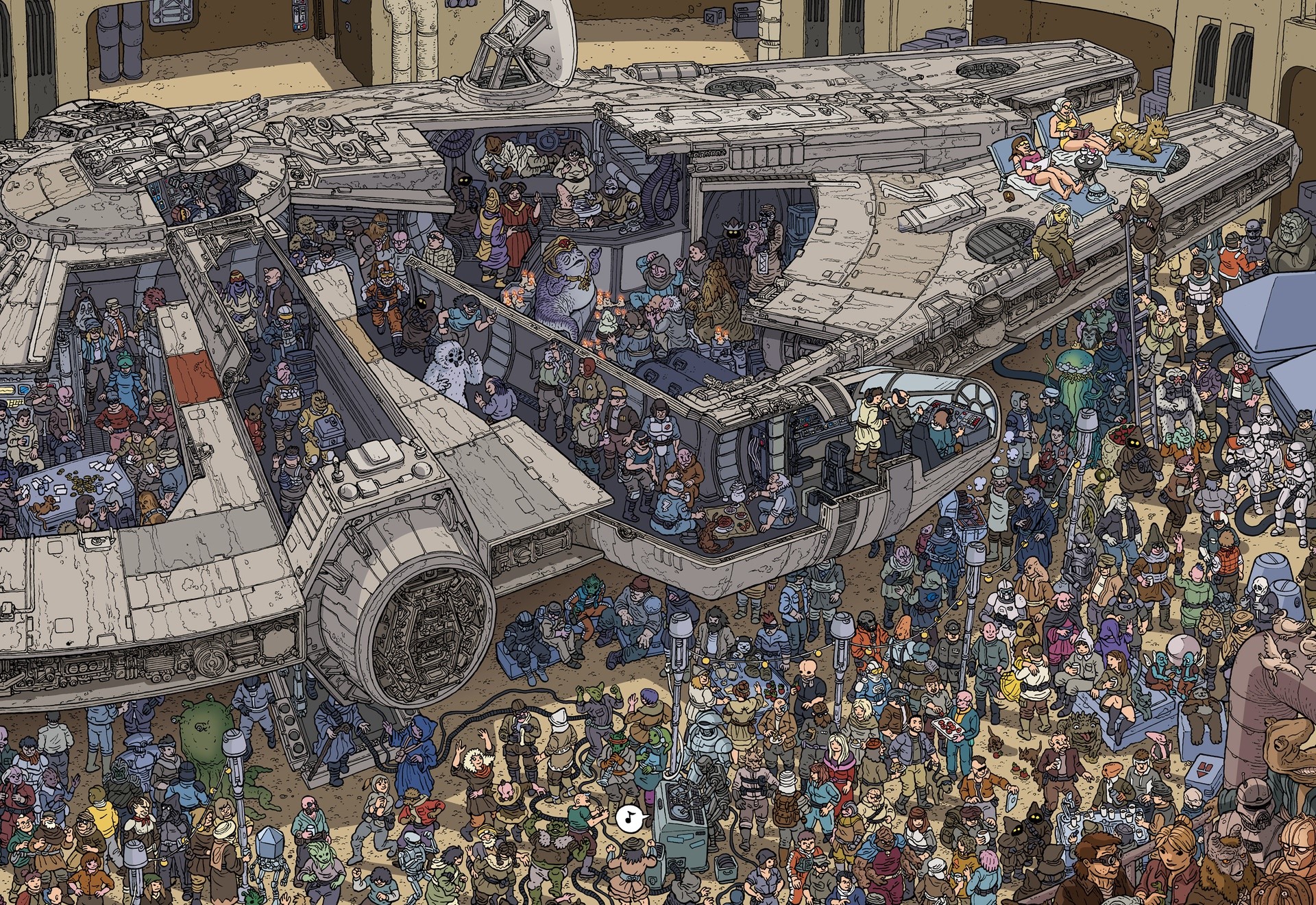 Star Wars Millennium Falcon with many characters HD Wallpaper