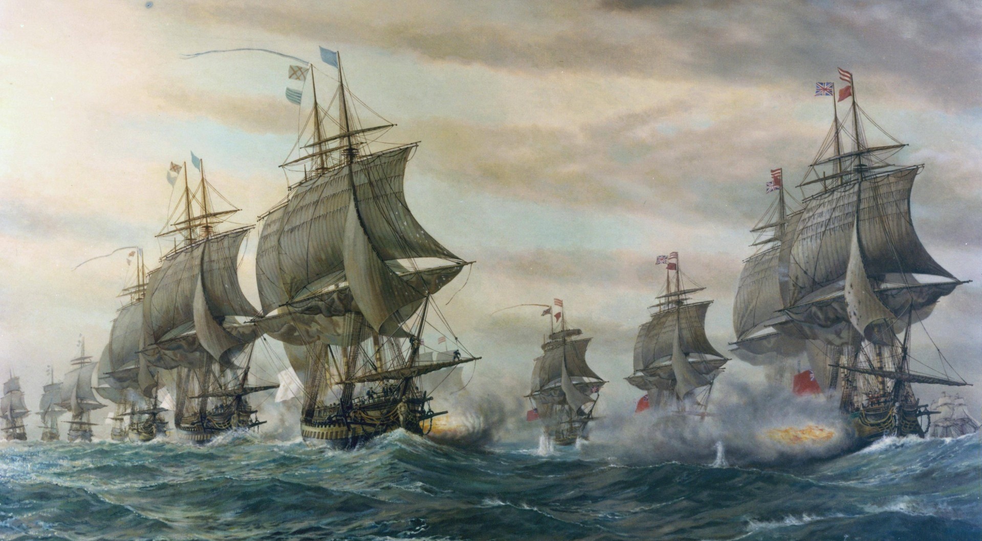 Naval battle with sailing ships in rough seas HD Wallpaper