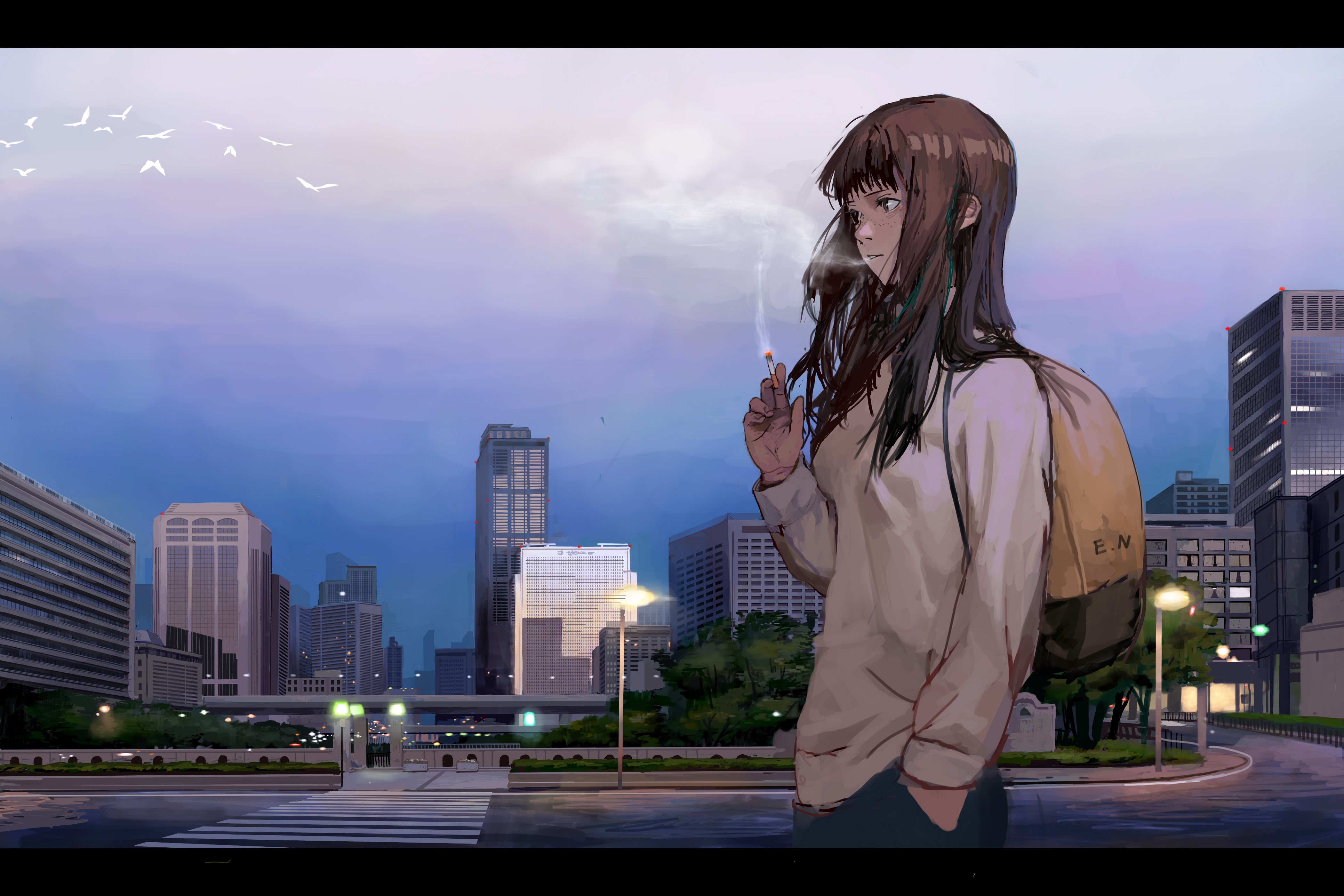 Anime girl smoking in a city at dusk HD Wallpaper