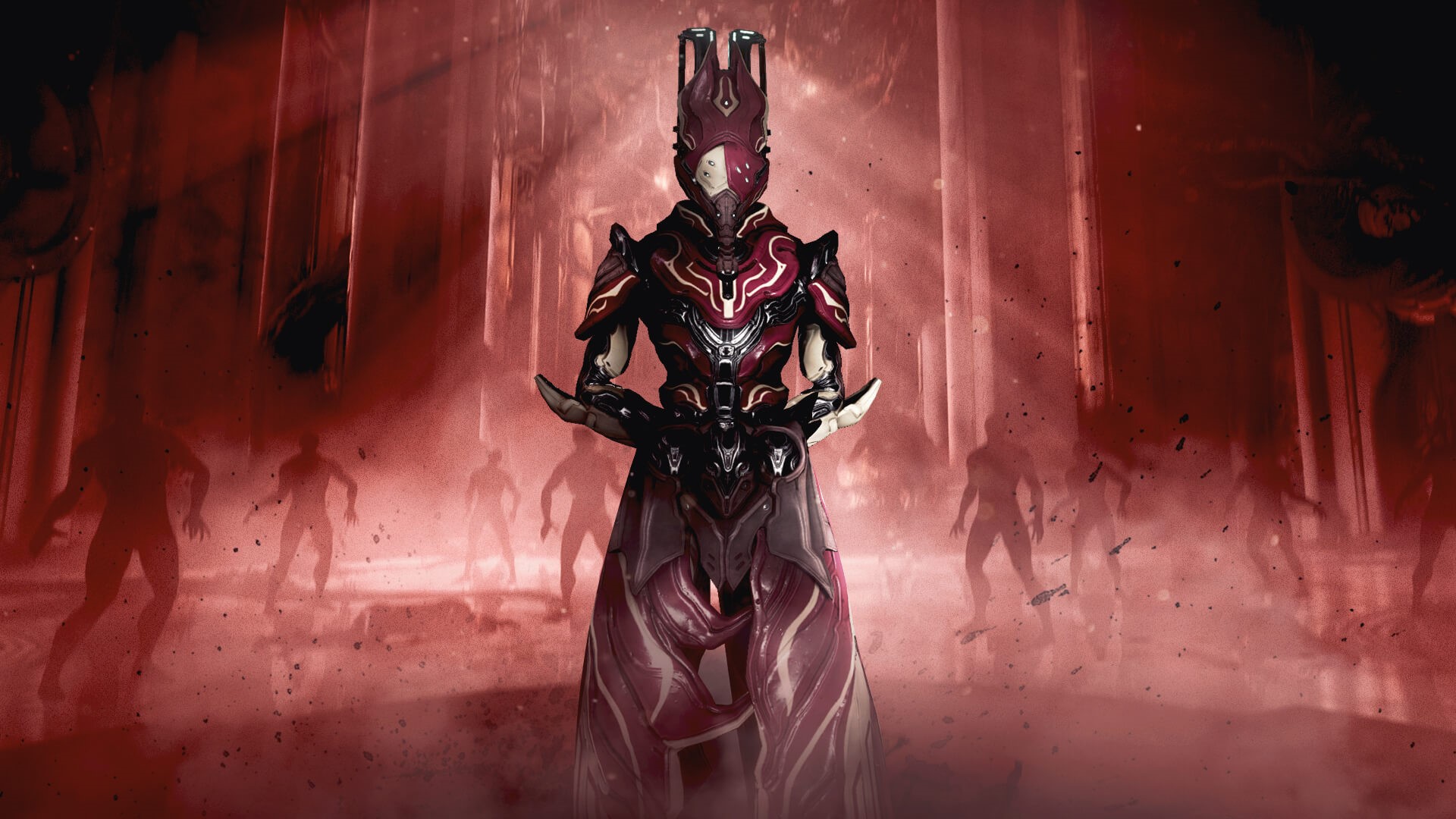 Warframe character in a red, smoky environment with figures HD Wallpaper