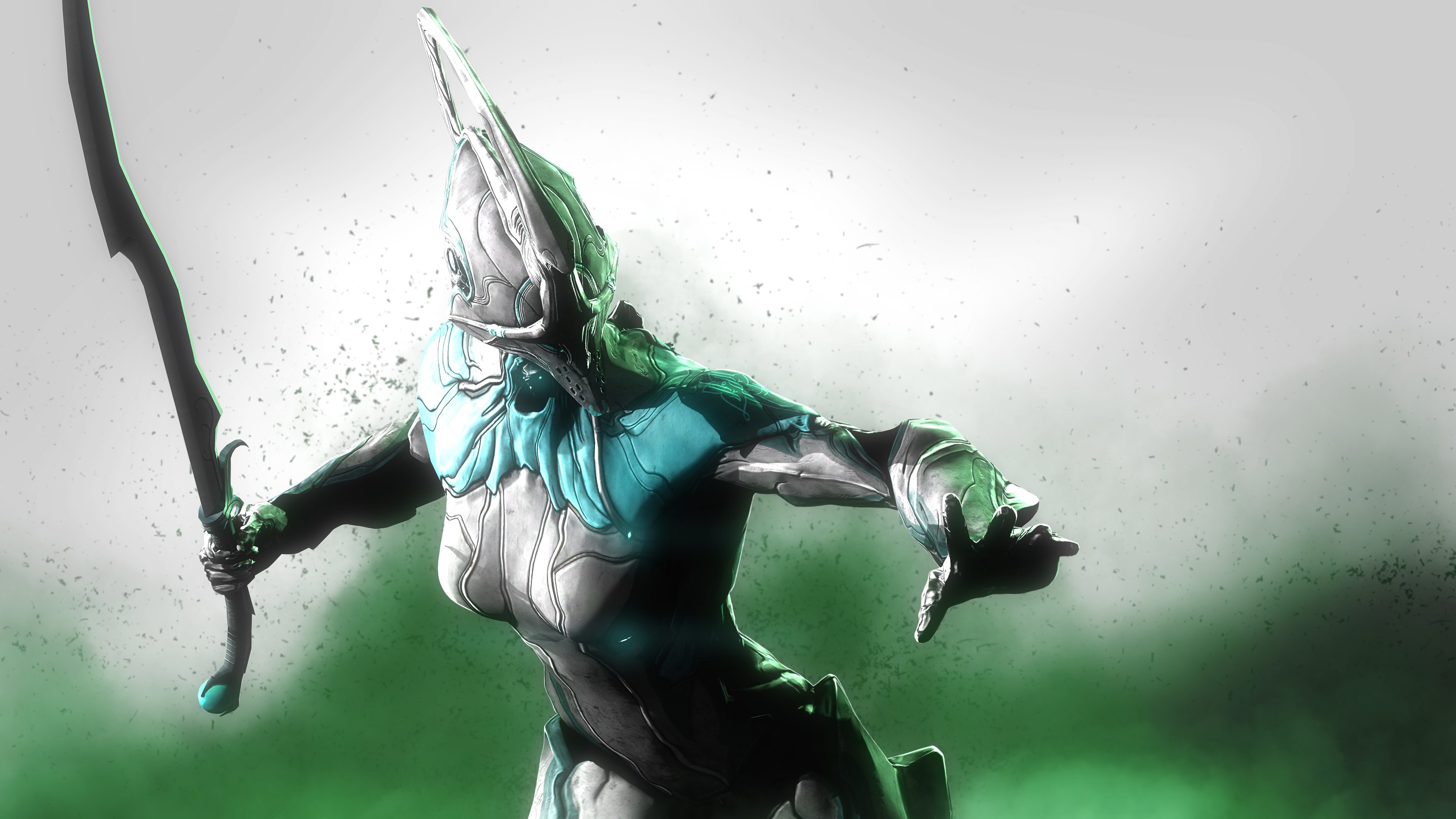 Warframe character with sword in green mist HD Wallpaper