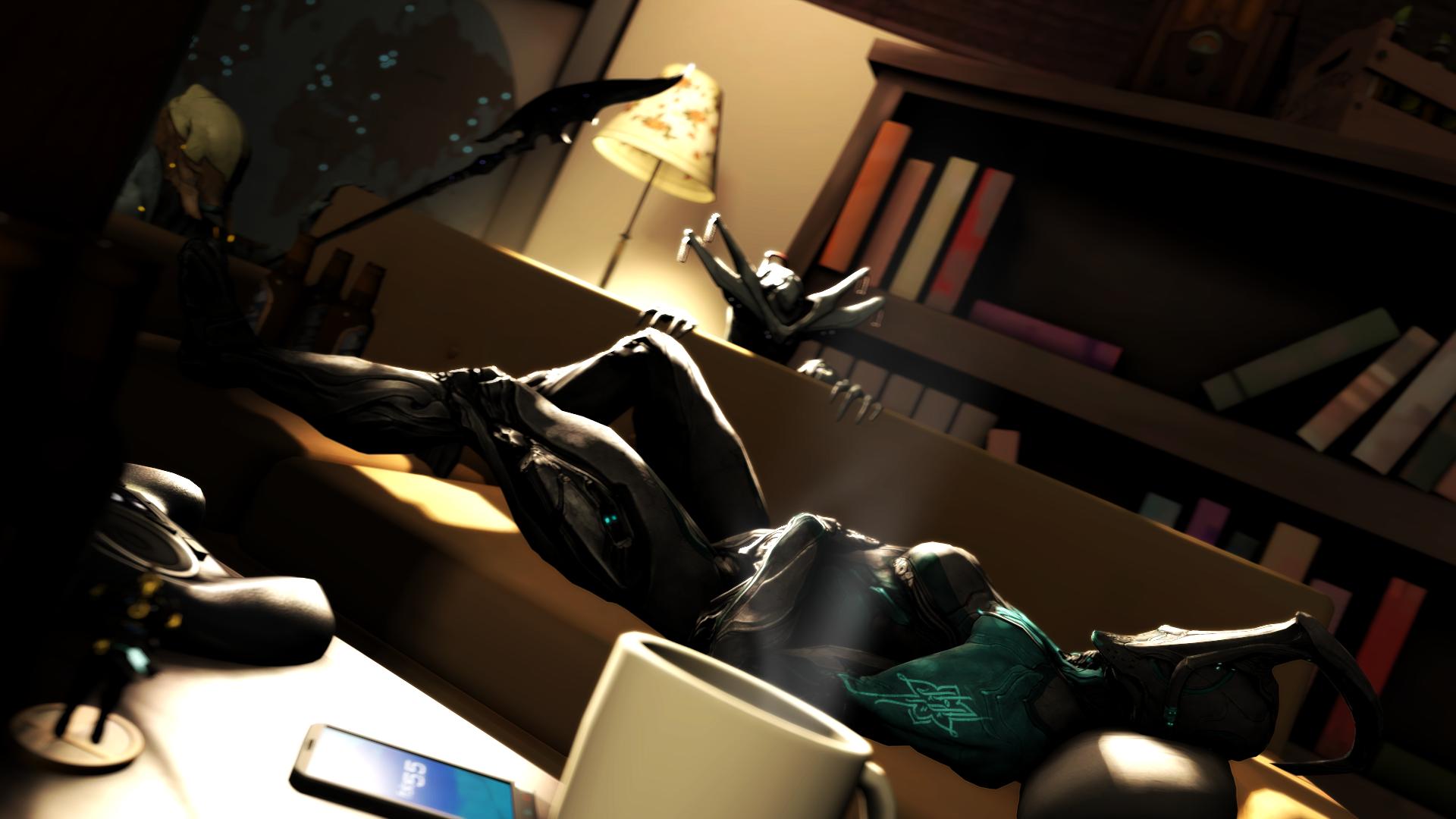 Warframe character relaxing on a couch with a mug HD Wallpaper