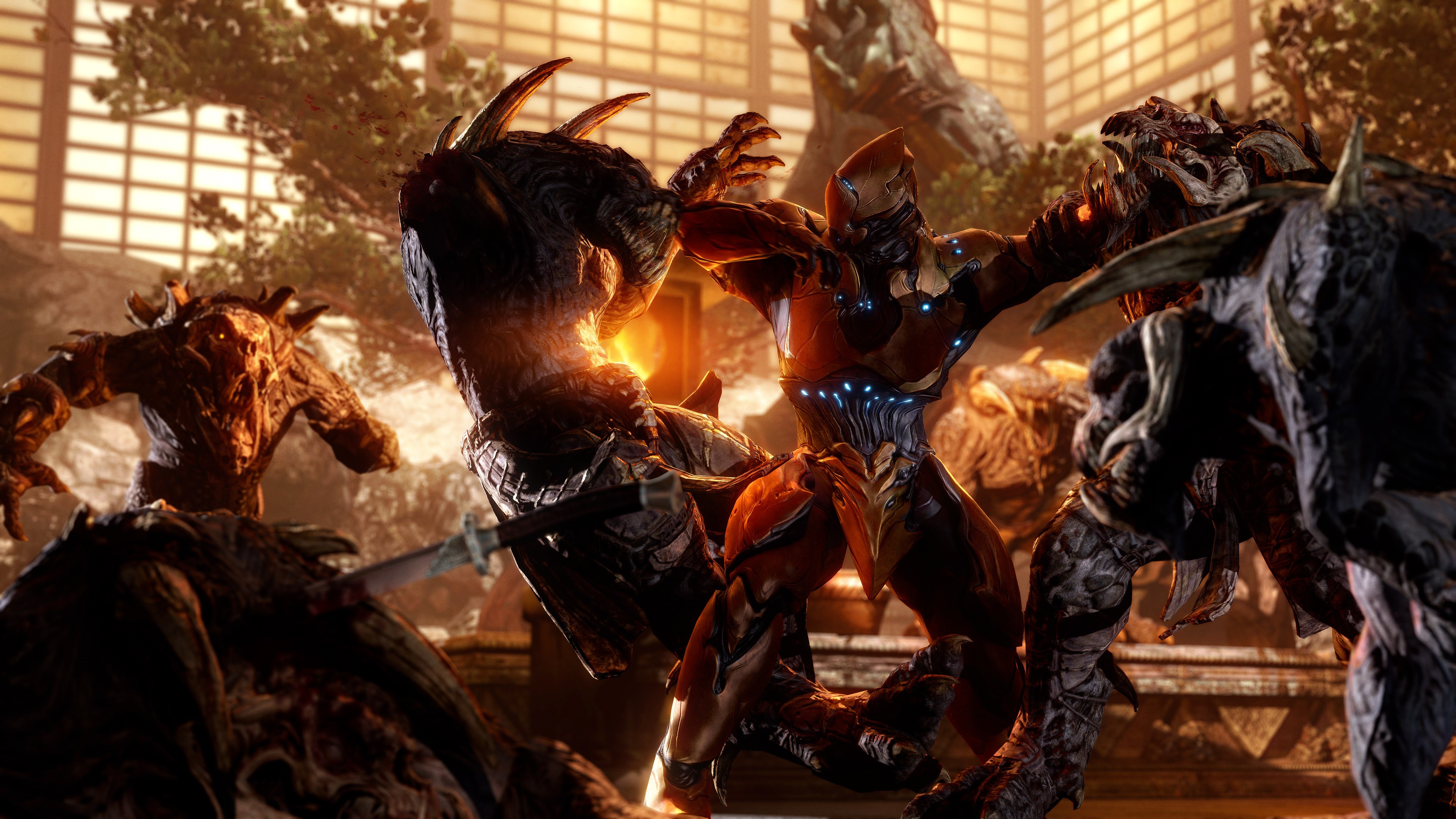 Warframe character fighting monsters HD Wallpaper