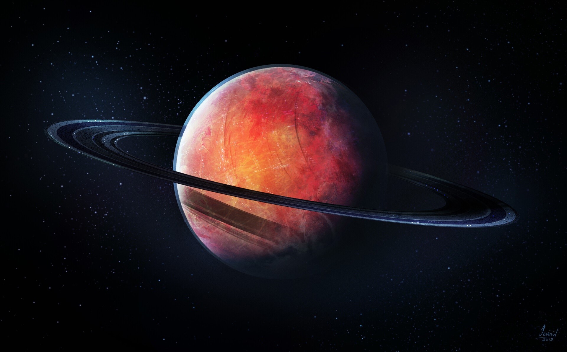Red planet with rings in space HD Wallpaper