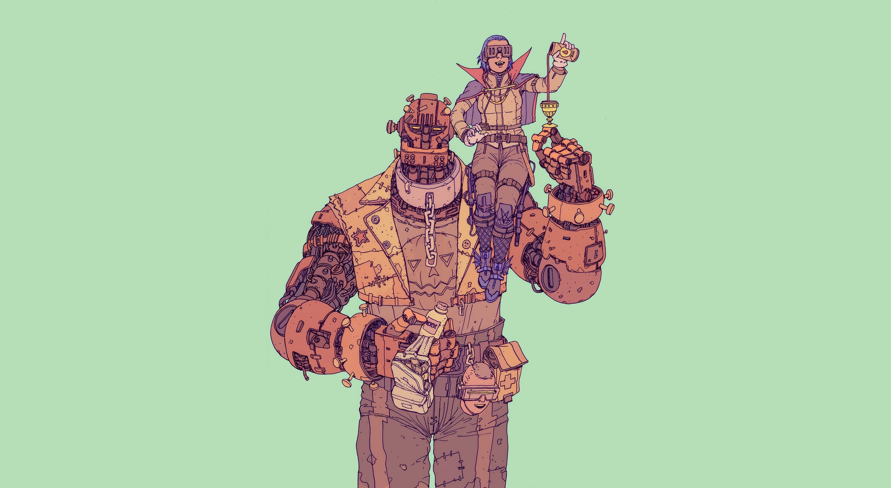 Artwork of a robot and a person with a simple background HD Wallpaper