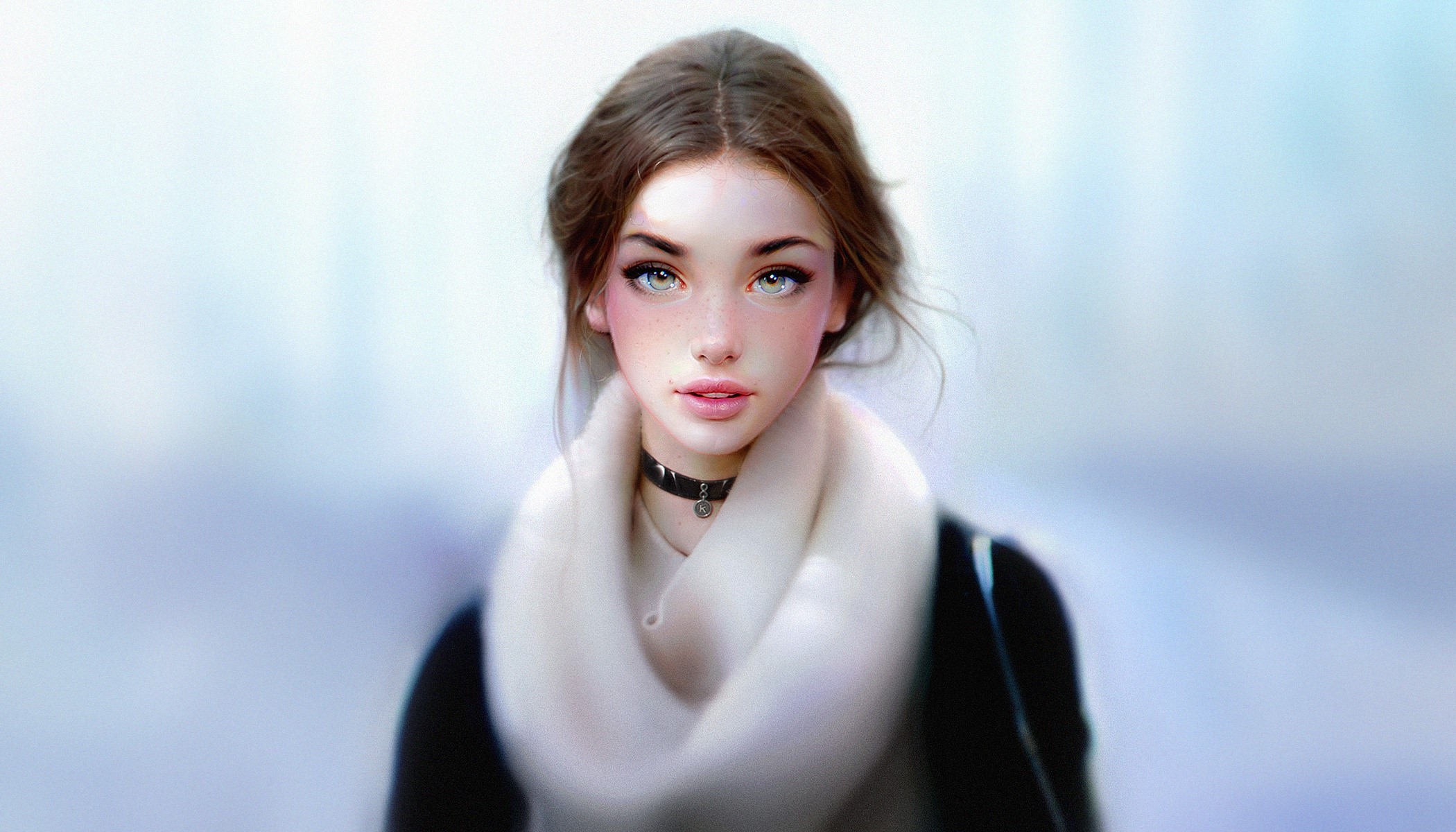 Artwork of a woman with brown hair and blue eyes HD Wallpaper