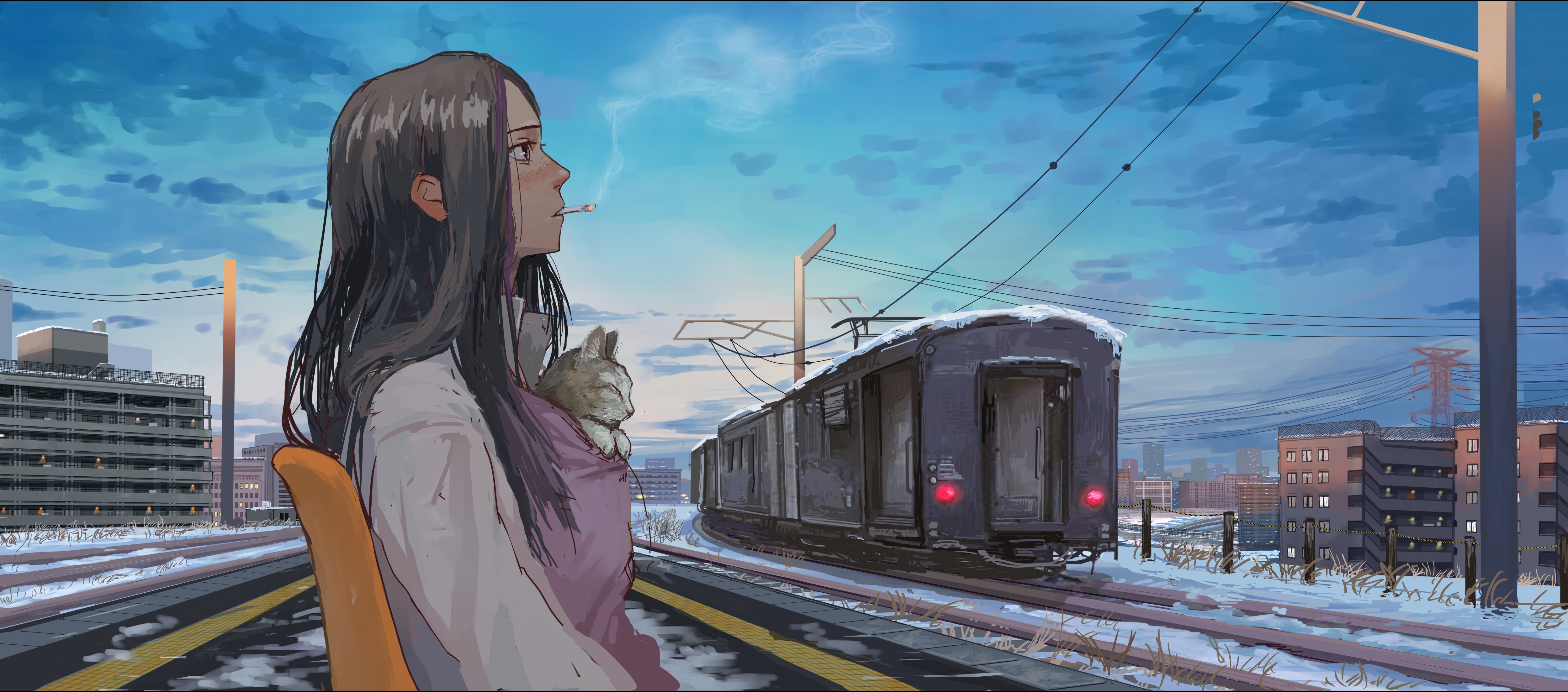 Anime girl with cat at train station HD Wallpaper
