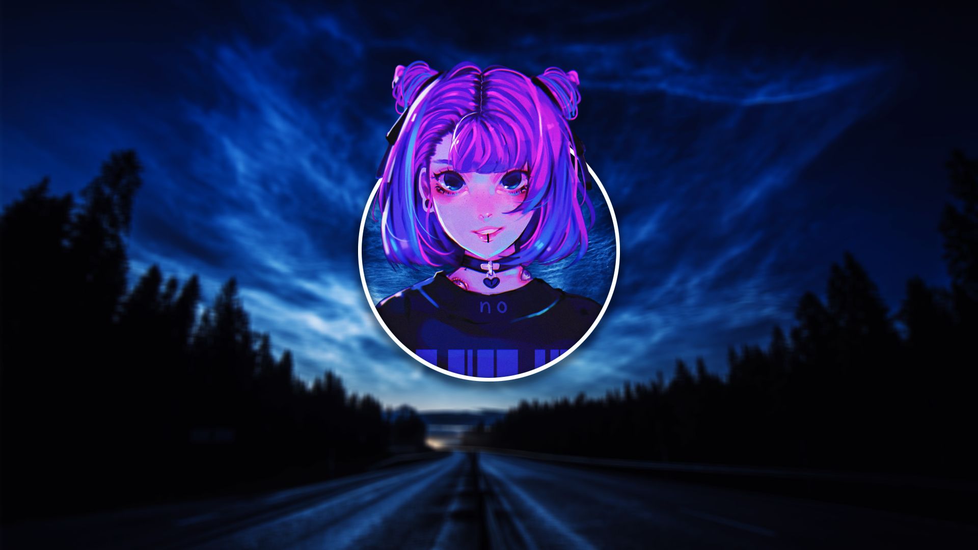Anime girl with purple hair on a dark road at night HD Wallpaper