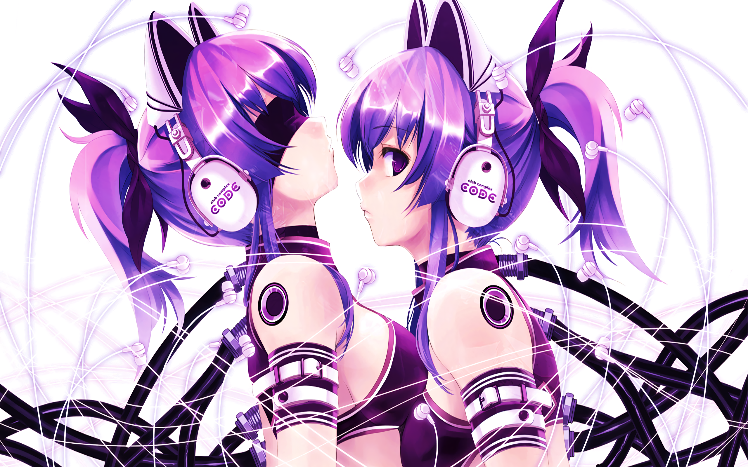 Two anime girls with purple hair and headphones HD Wallpaper