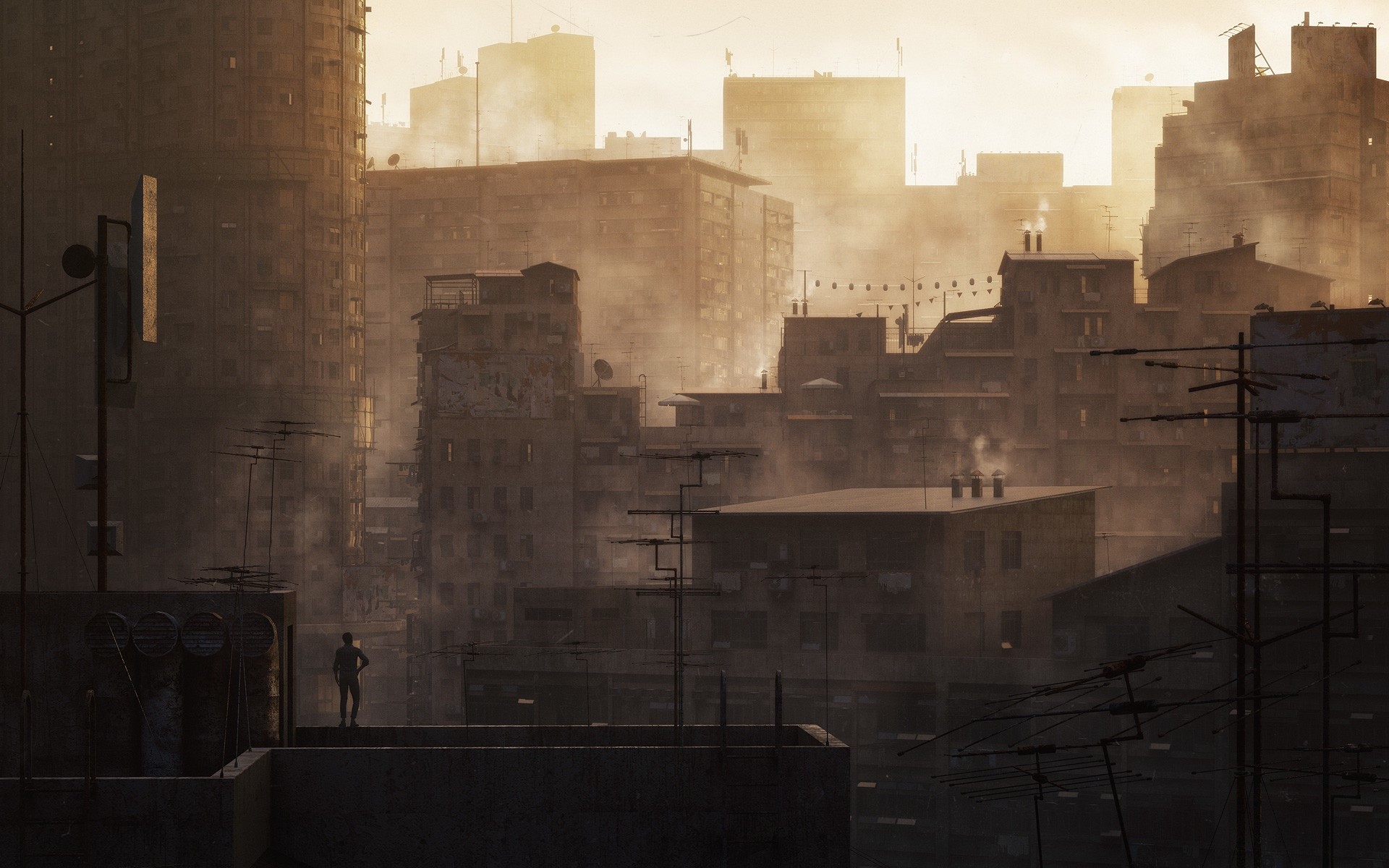 A lone figure stands on a rooftop overlooking a hazy, dystopian cityscape at dusk. HD Wallpaper