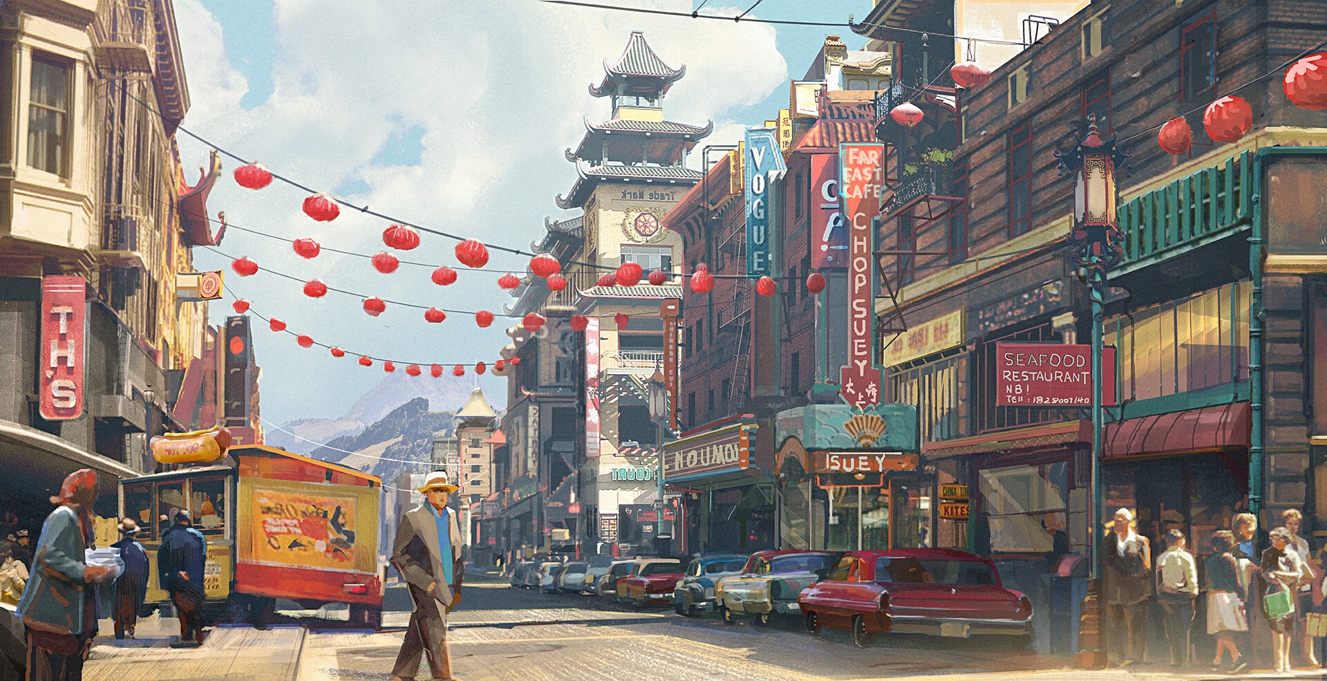 Chinatown street scene with cars and pagoda HD Wallpaper