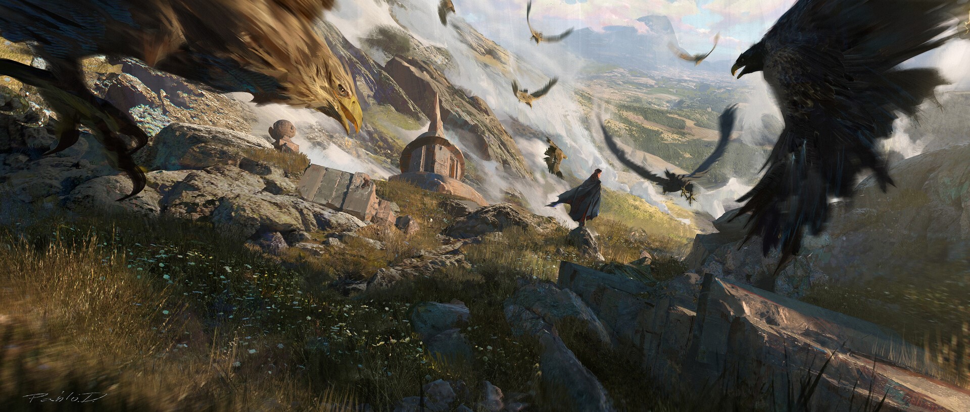 Fantasy art of eagles and a man in mountains HD Wallpaper