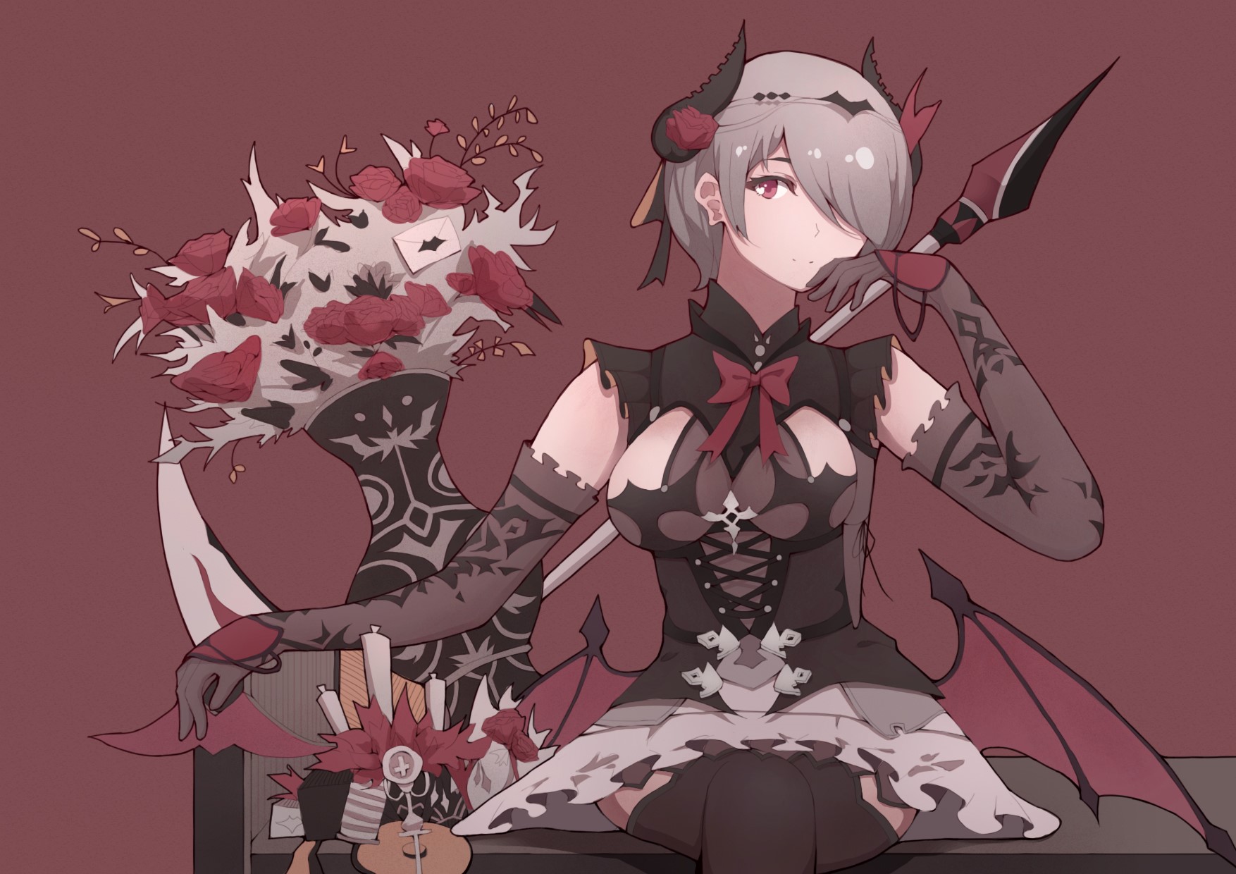 Anime girl with horns and wings holding a scythe HD Wallpaper