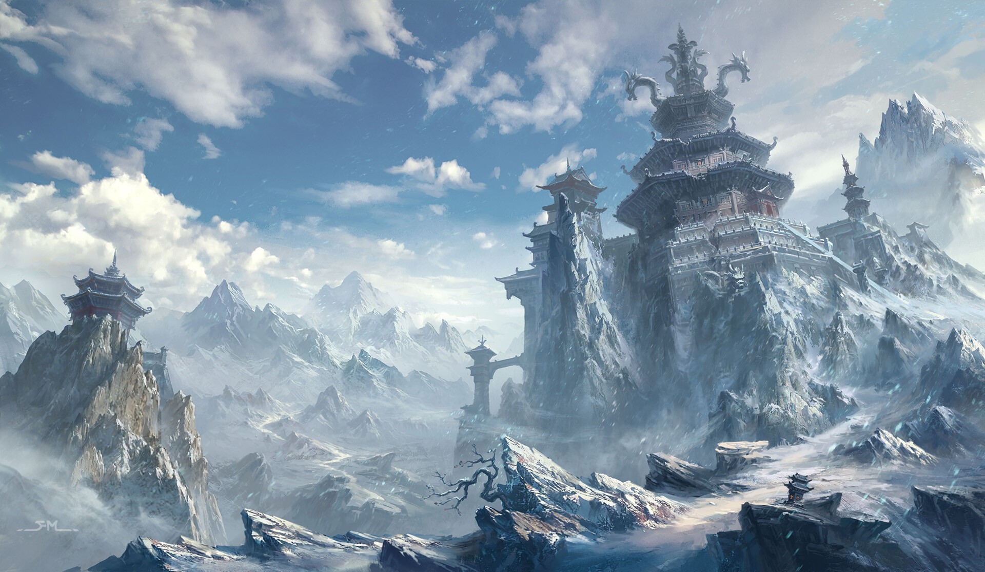 Fantasy mountain landscape with ancient temples and pagodas HD Wallpaper