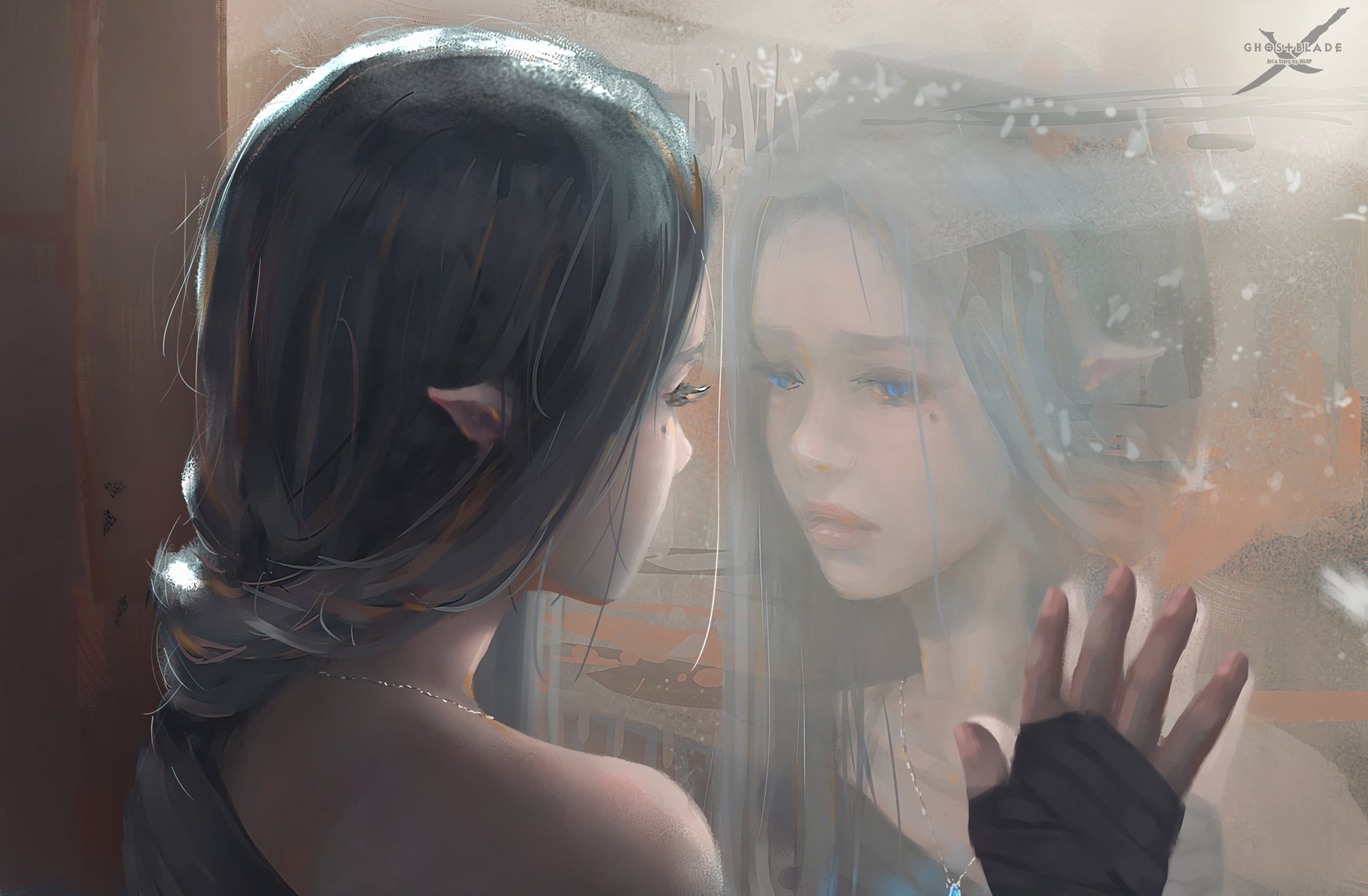 Elf girl looking at her reflection HD Wallpaper