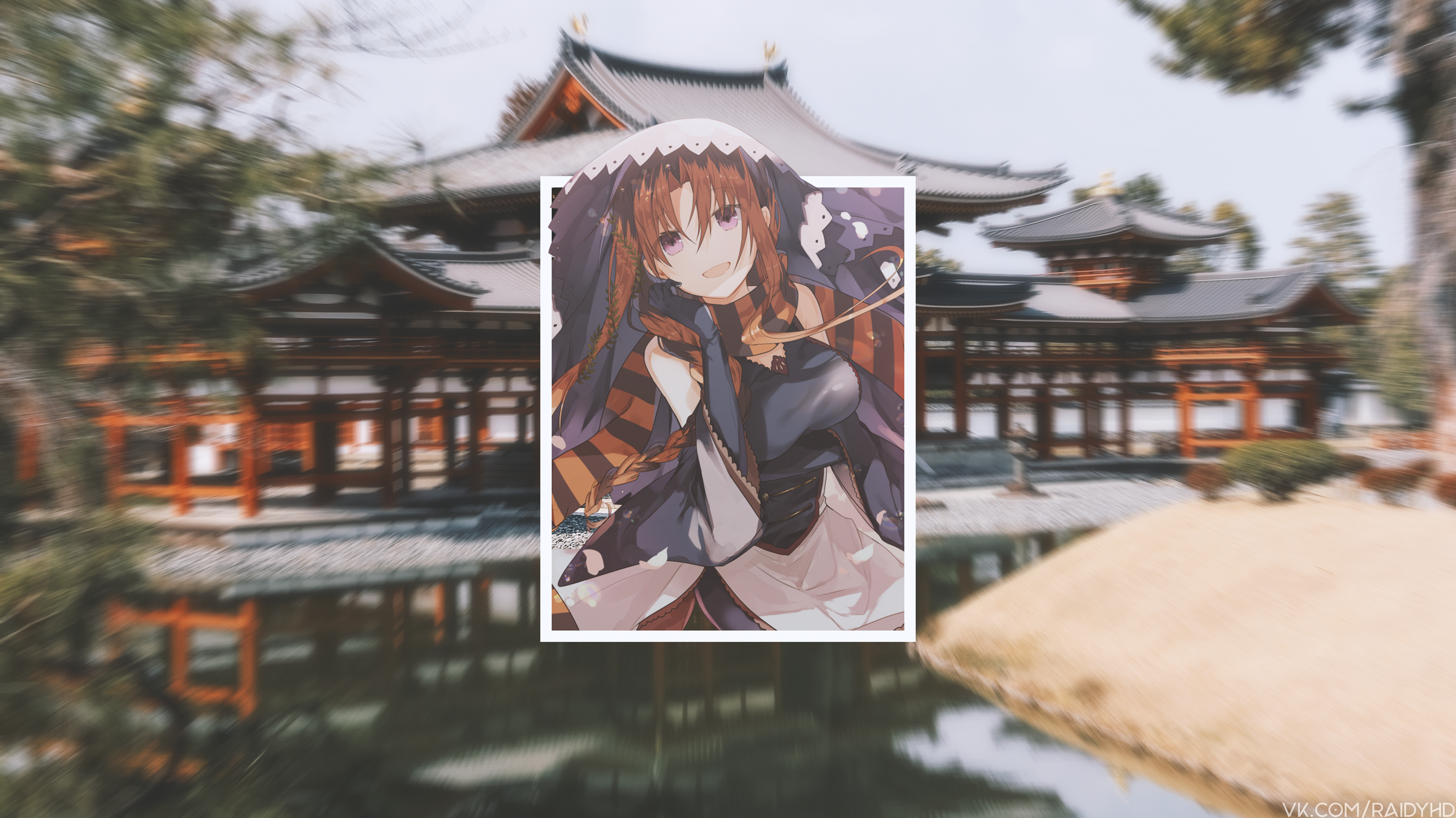 Anime girl in front of Byodo-in Temple HD Wallpaper