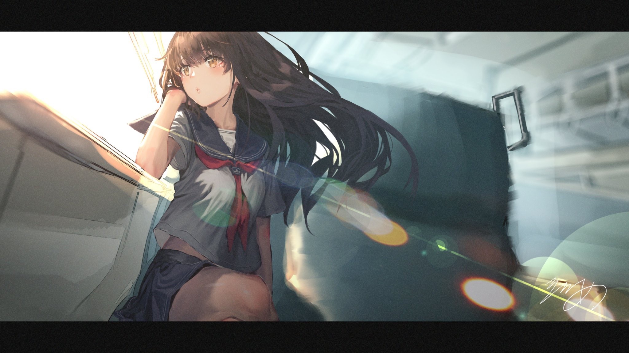 Anime girl in school uniform on a train HD Wallpaper