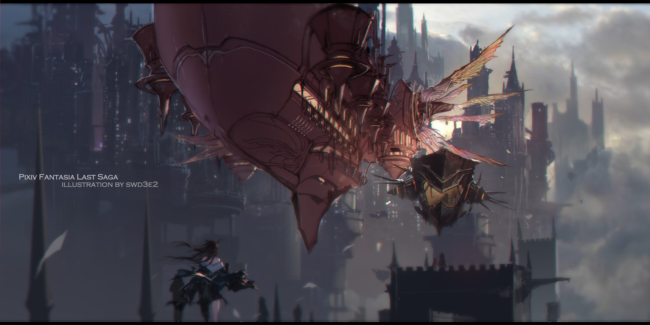 Girl on a mount with airship over fantasy city HD Wallpaper
