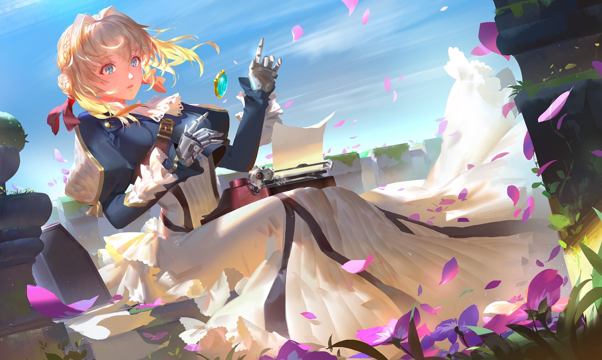 Violet Evergarden with a typewriter and falling petals HD Wallpaper