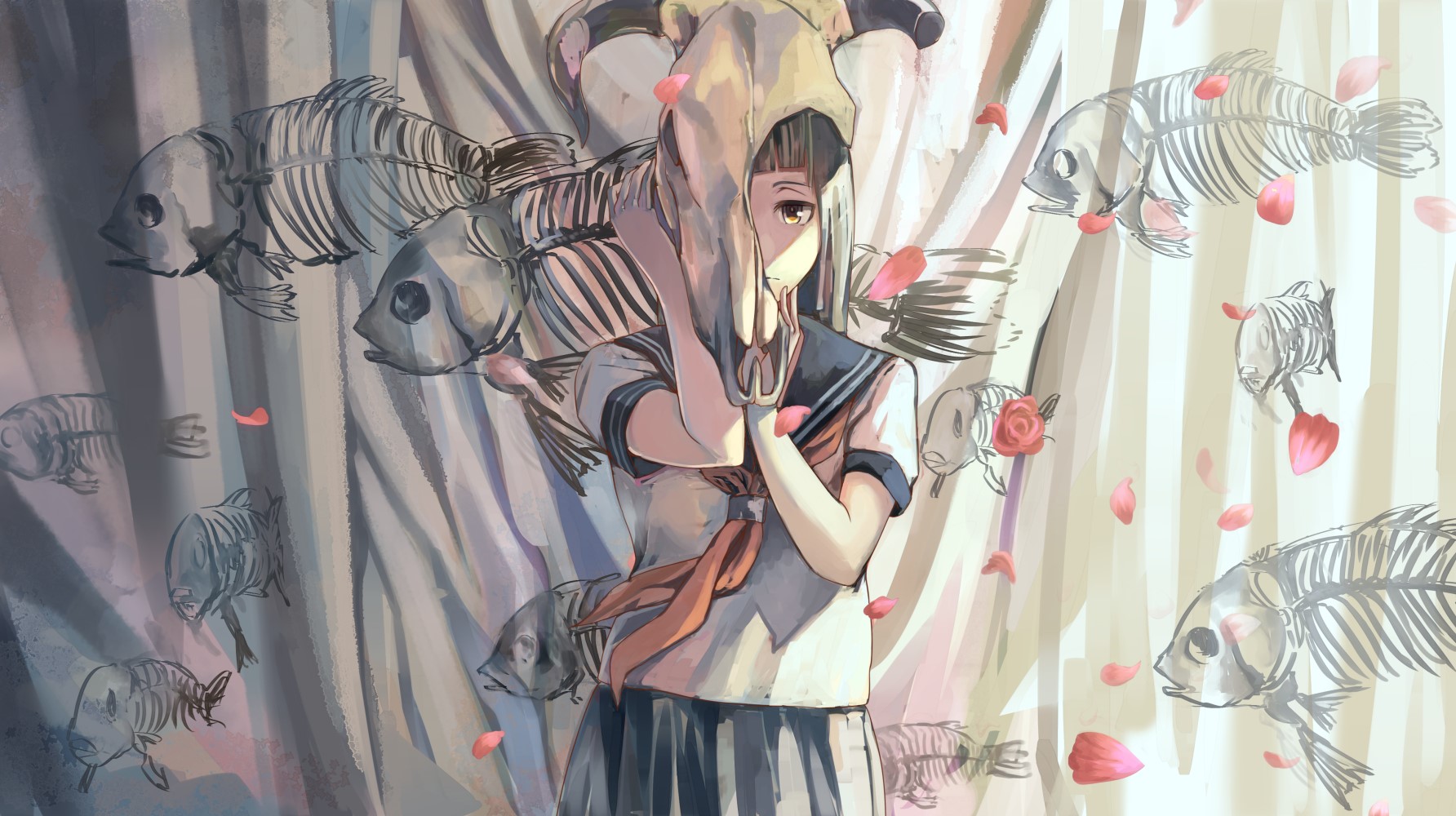 Anime girl in school uniform with fish skeletons HD Wallpaper