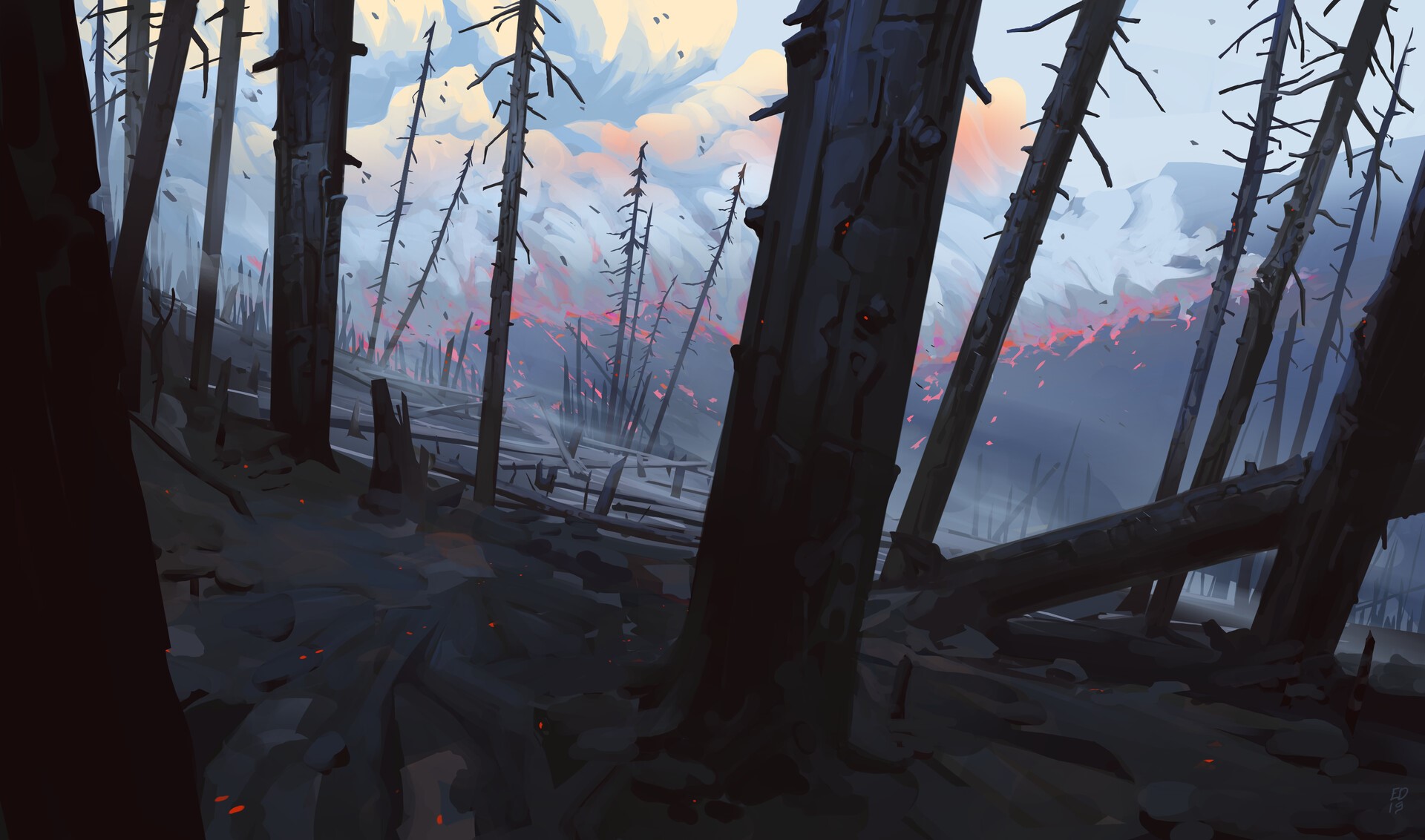 Digital art of a burnt forest with glowing embers HD Wallpaper