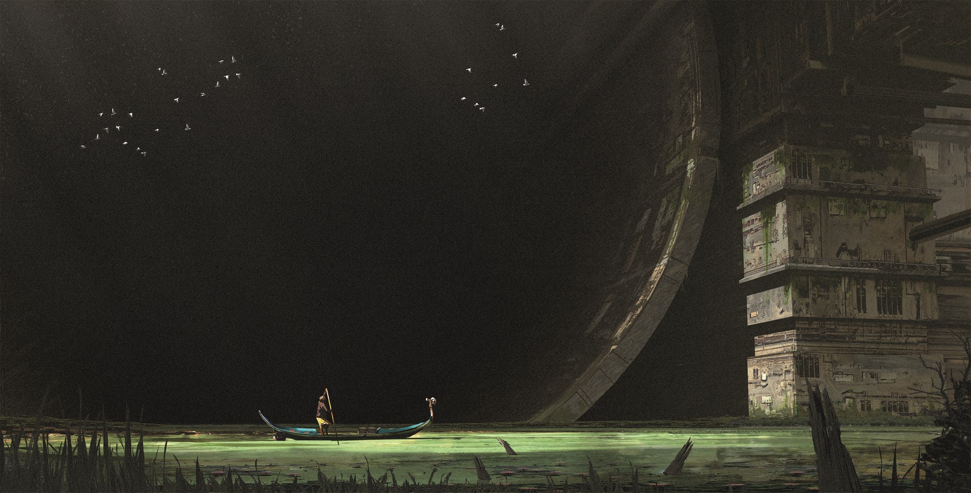 Gondola on a murky lake with alien structures HD Wallpaper