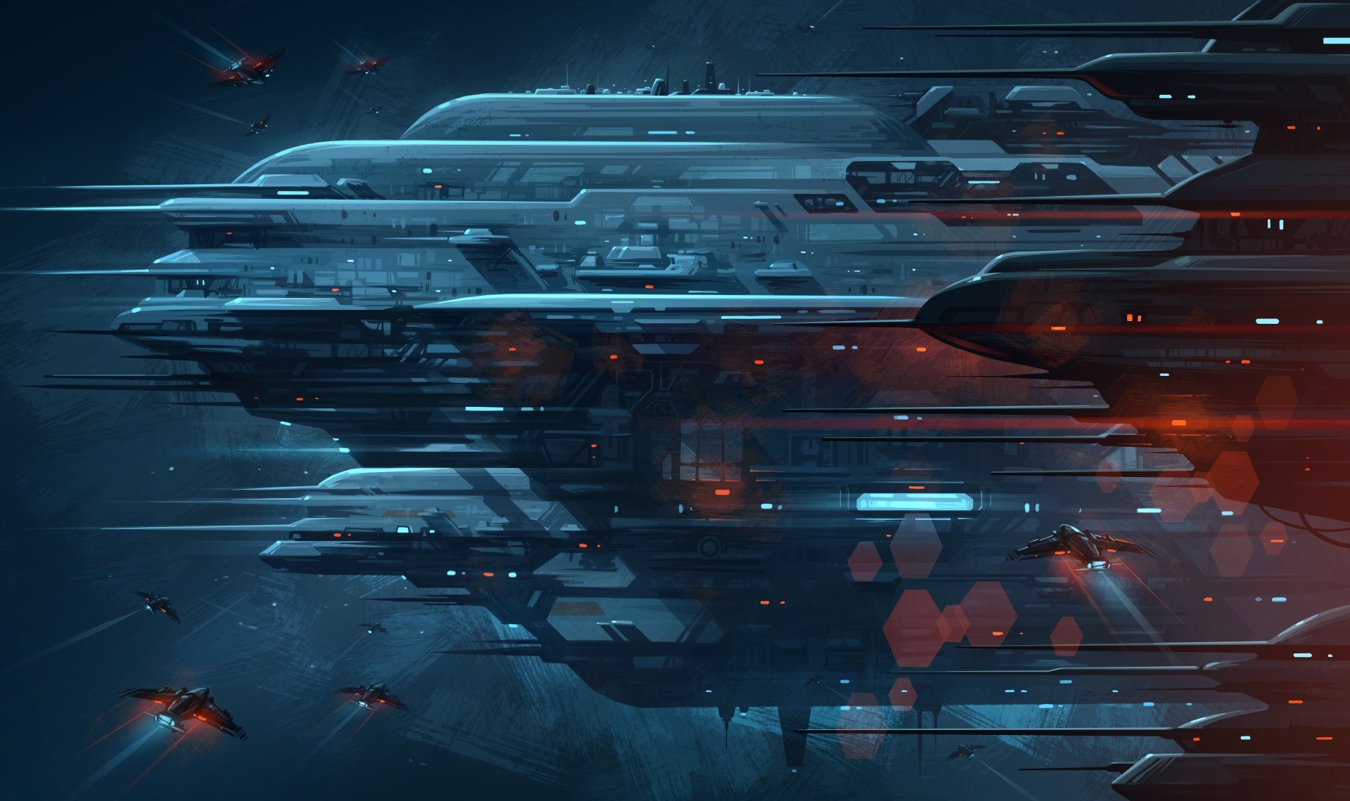 Futuristic spaceship fleet in deep space HD Wallpaper