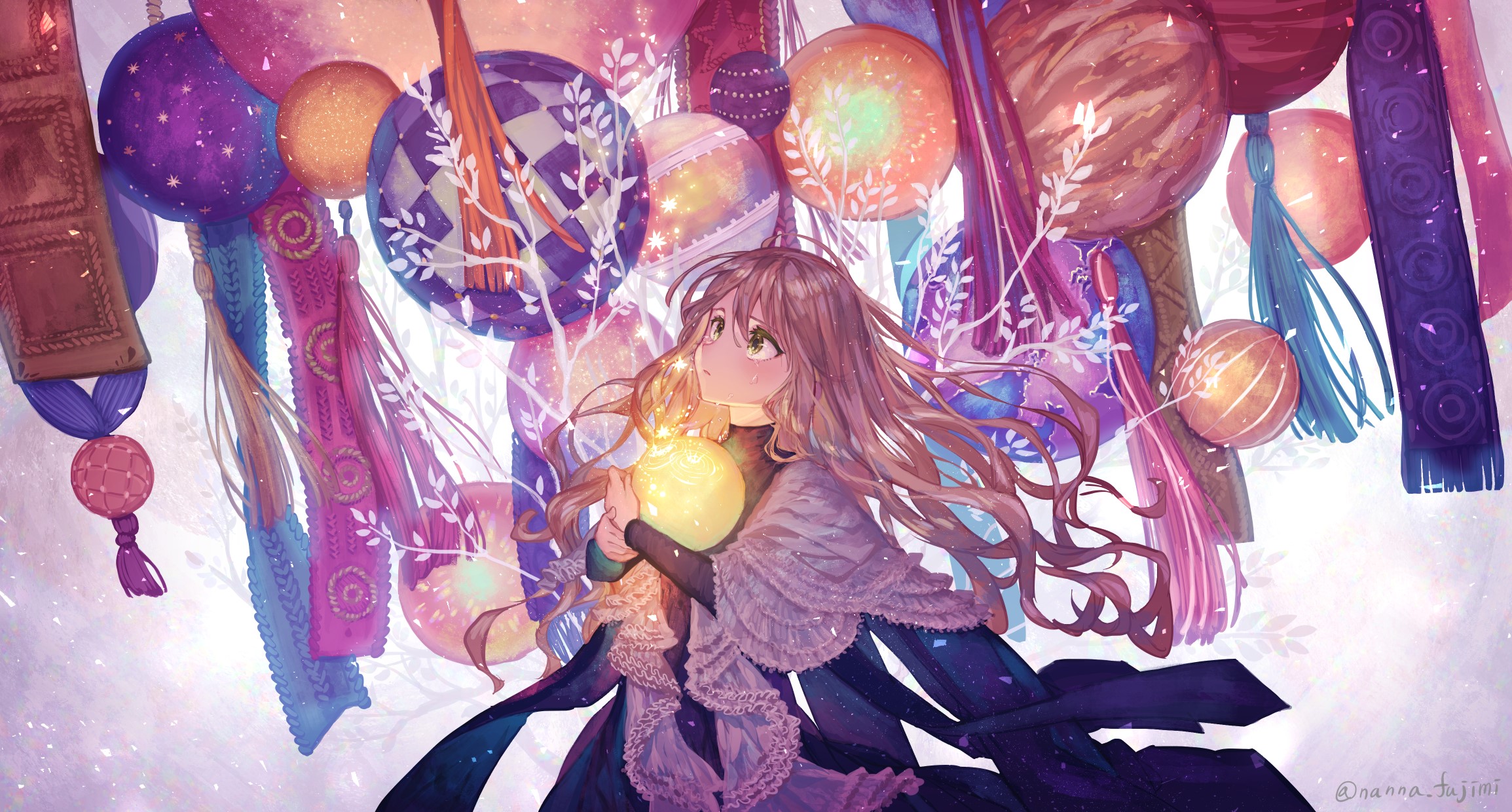Anime girl holding a glowing orb among lanterns HD Wallpaper