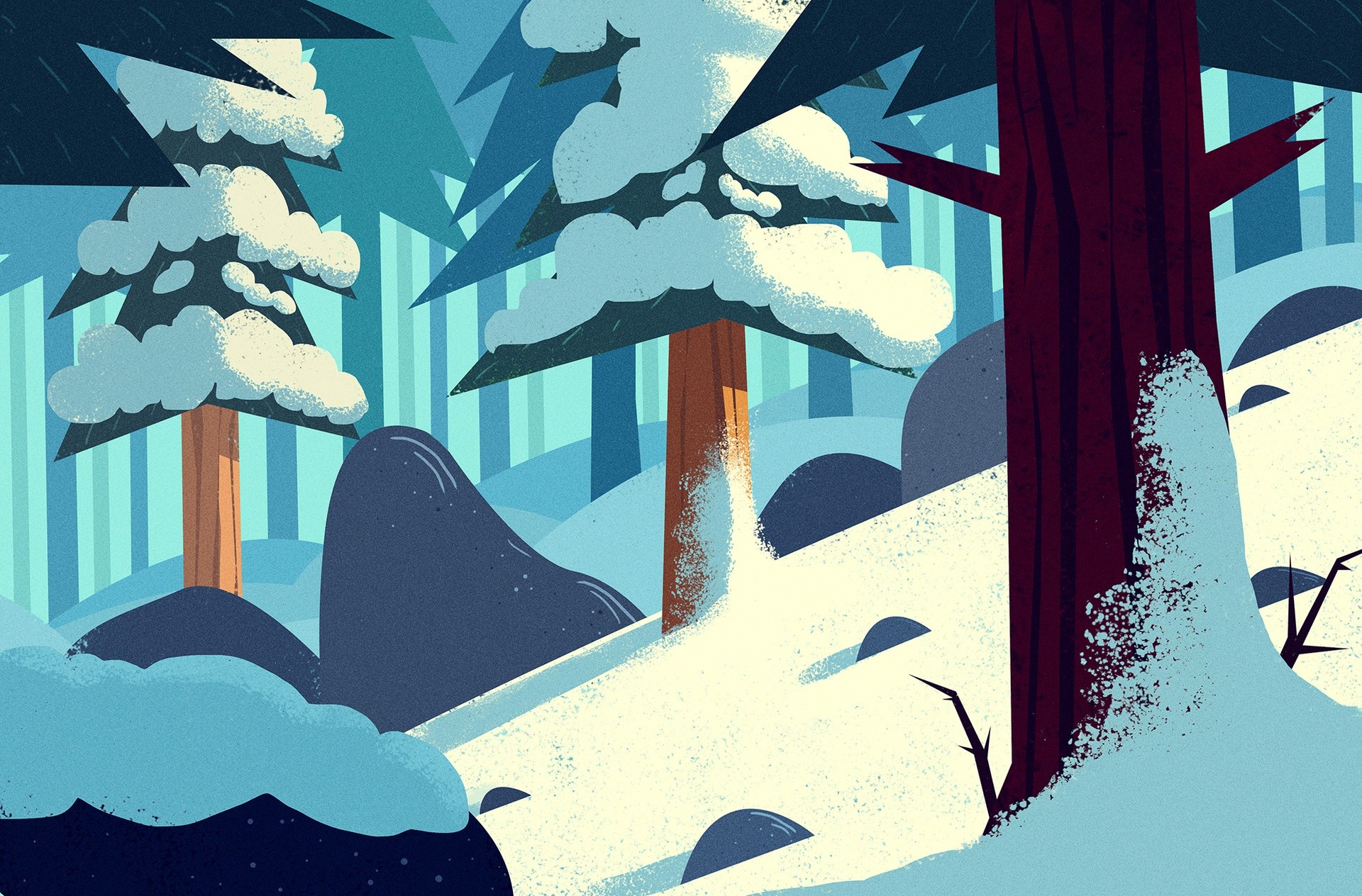Illustration of a snowy forest with trees and hills HD Wallpaper