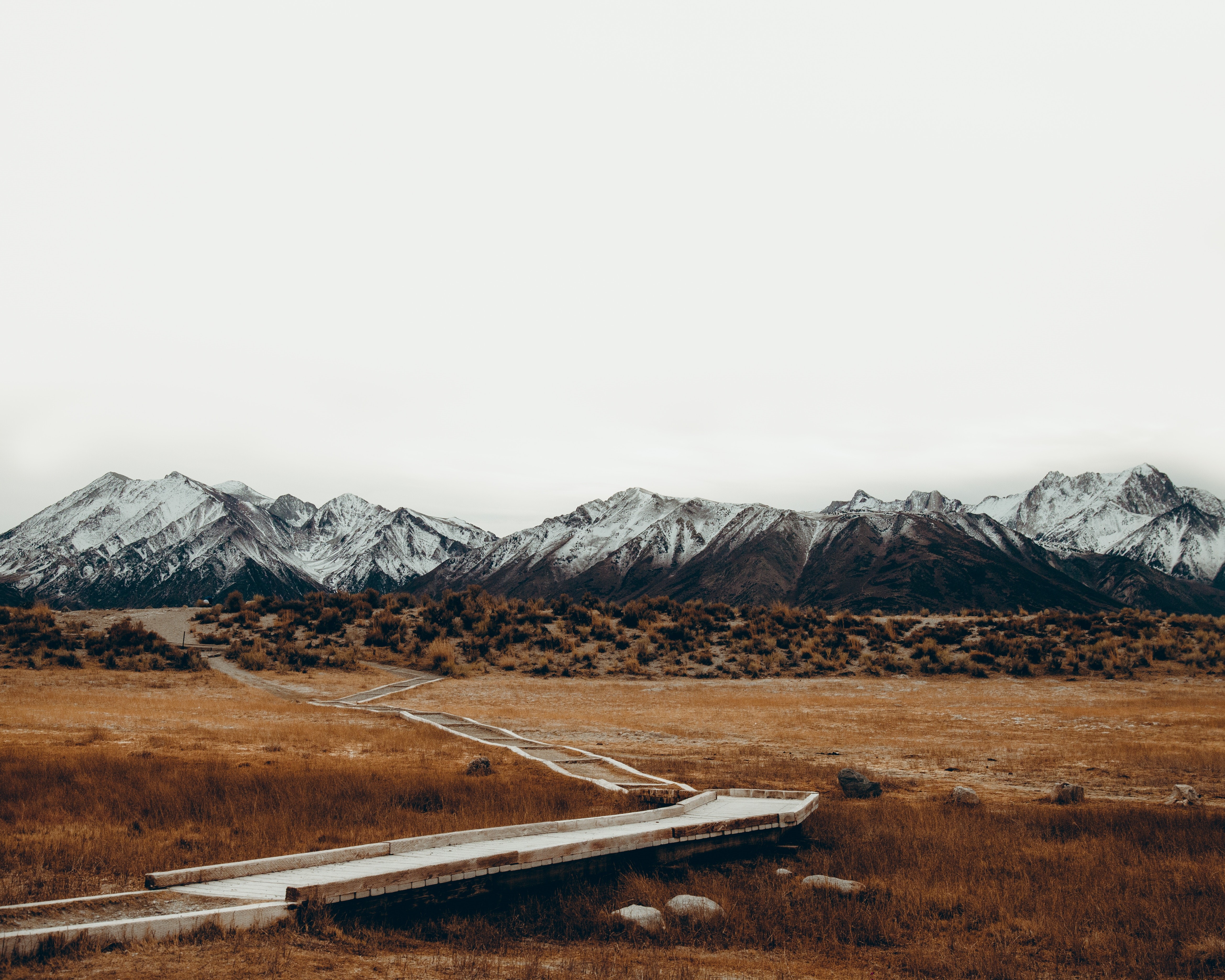 Walkway through dry grass towards snowy mountains HD Wallpaper