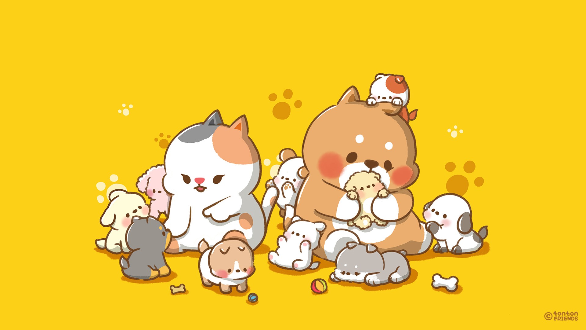 Cute cartoon animals on a yellow background HD Wallpaper