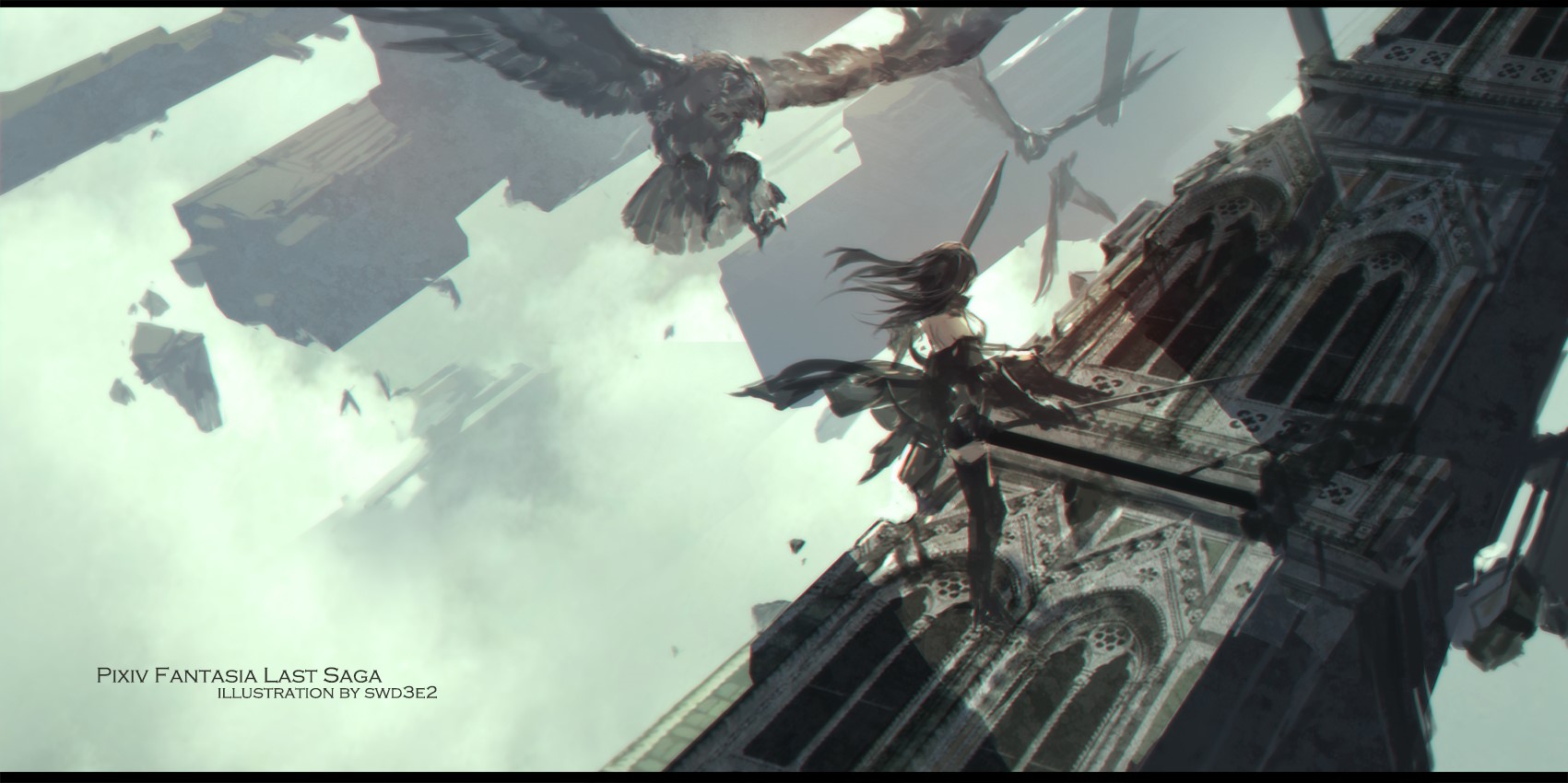 Girl with sword and eagle near ruined tower HD Wallpaper