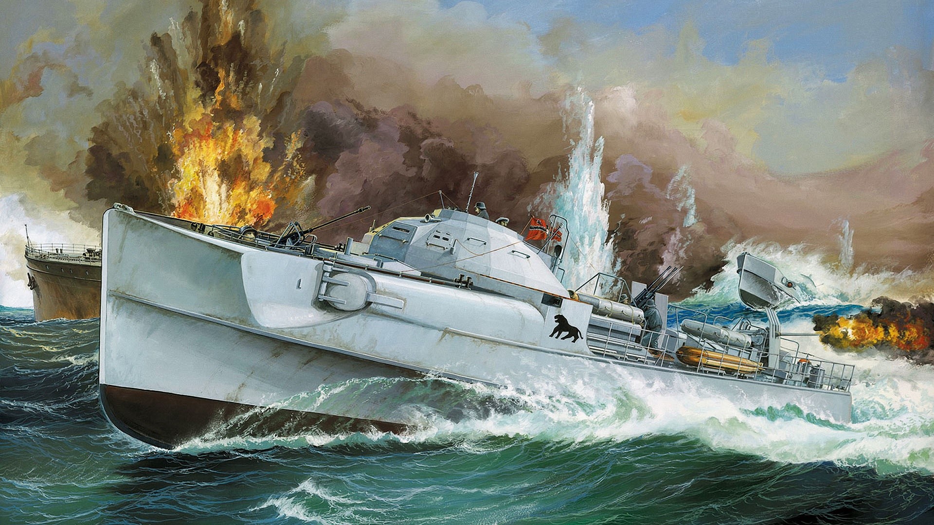 German E-boat in World War II naval battle HD Wallpaper