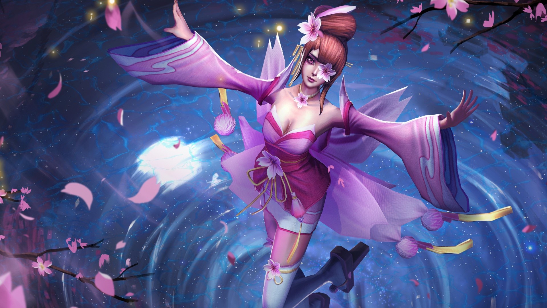 Anime girl in pink kimono with cherry blossoms HD Wallpaper