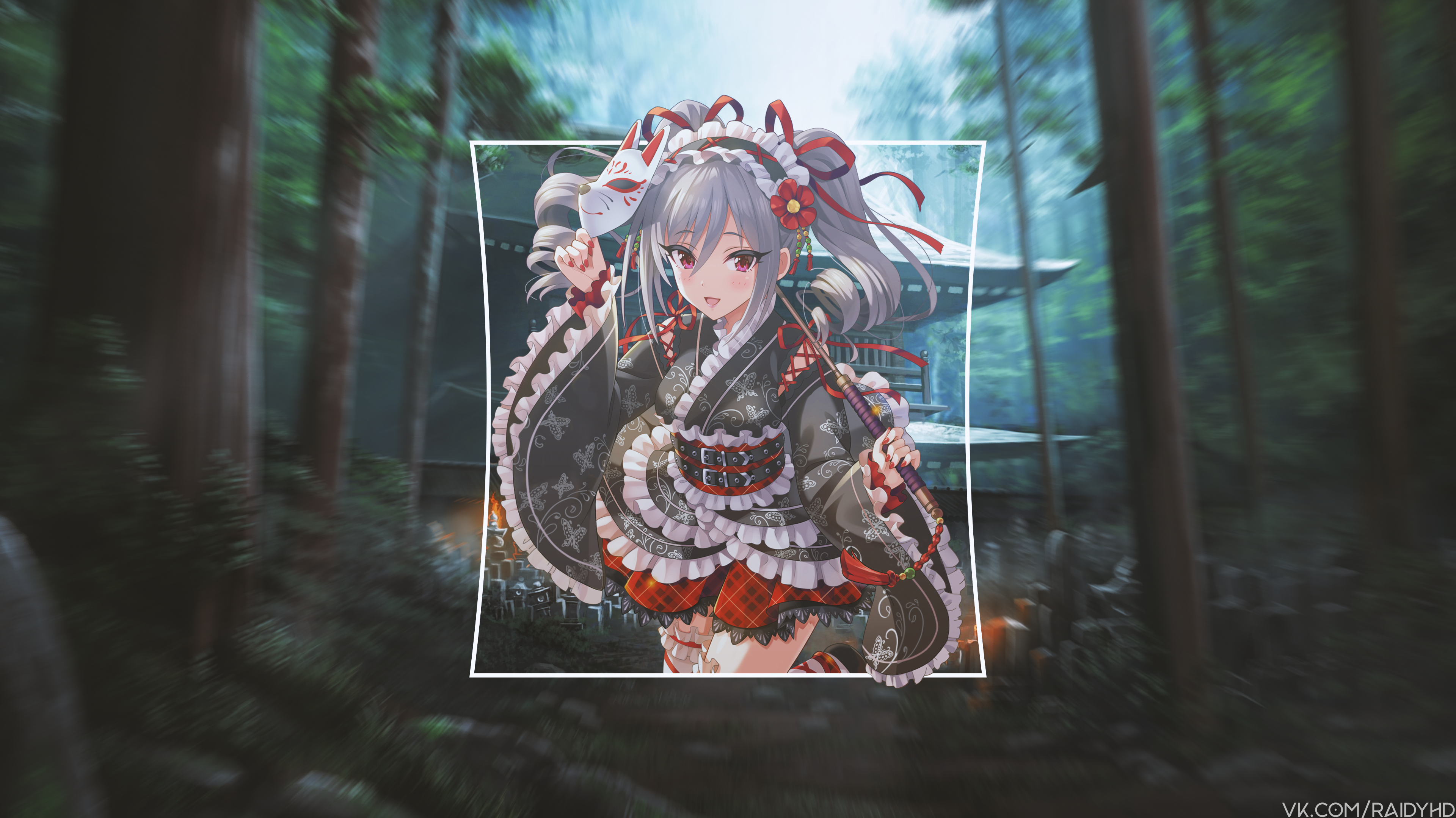 Anime girl with fox mask and katana HD Wallpaper