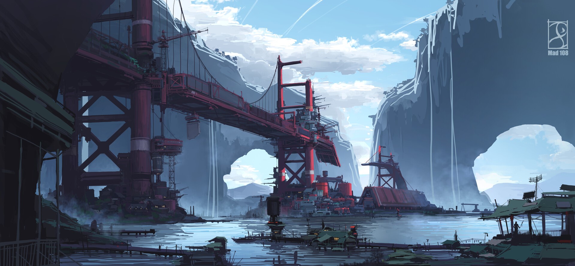 Futuristic bridge over a river with mountains HD Wallpaper