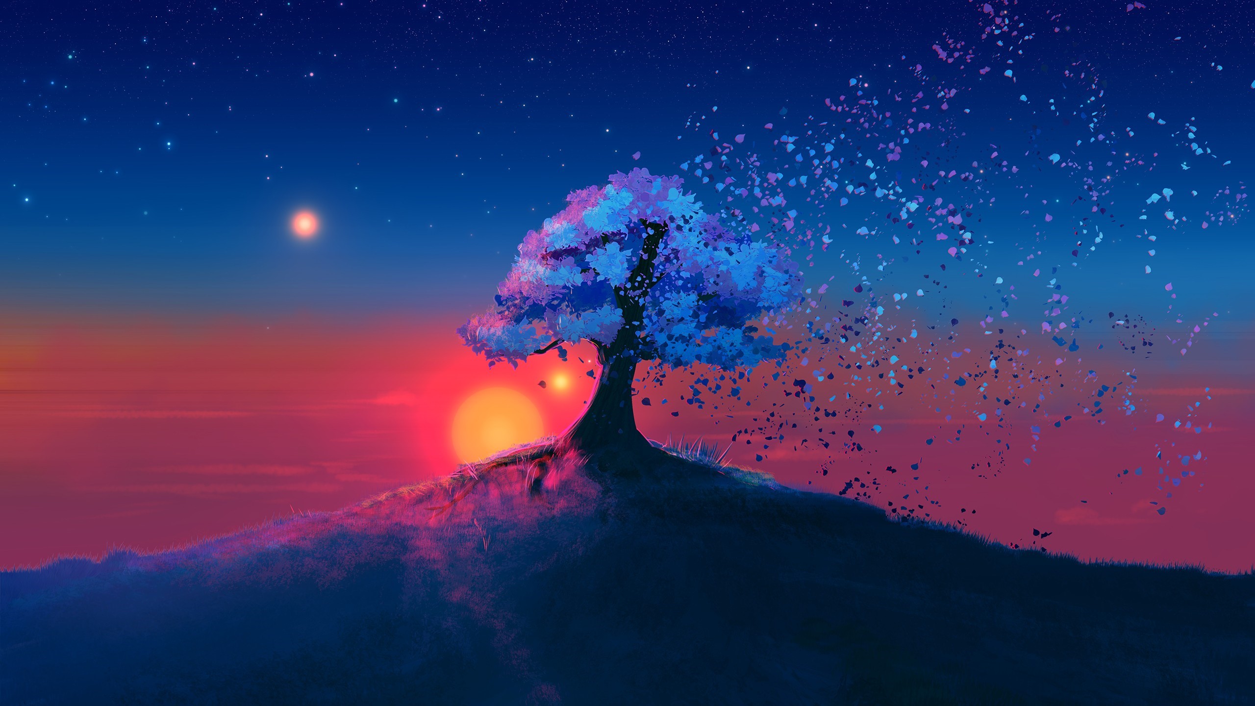 Digital art of a tree dissolving into particles at sunset HD Wallpaper