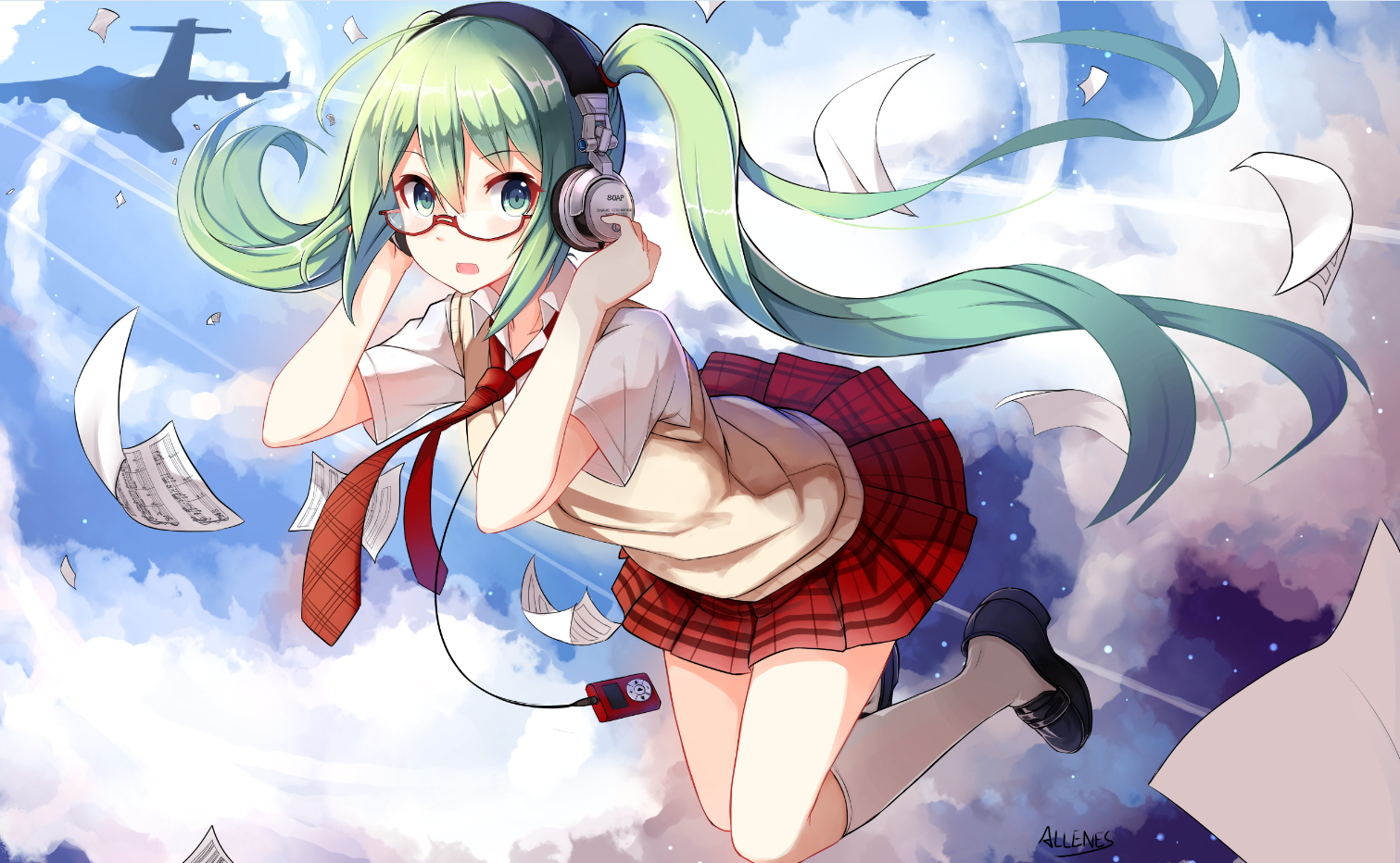 Anime girl with green hair and glasses listening to music HD Wallpaper