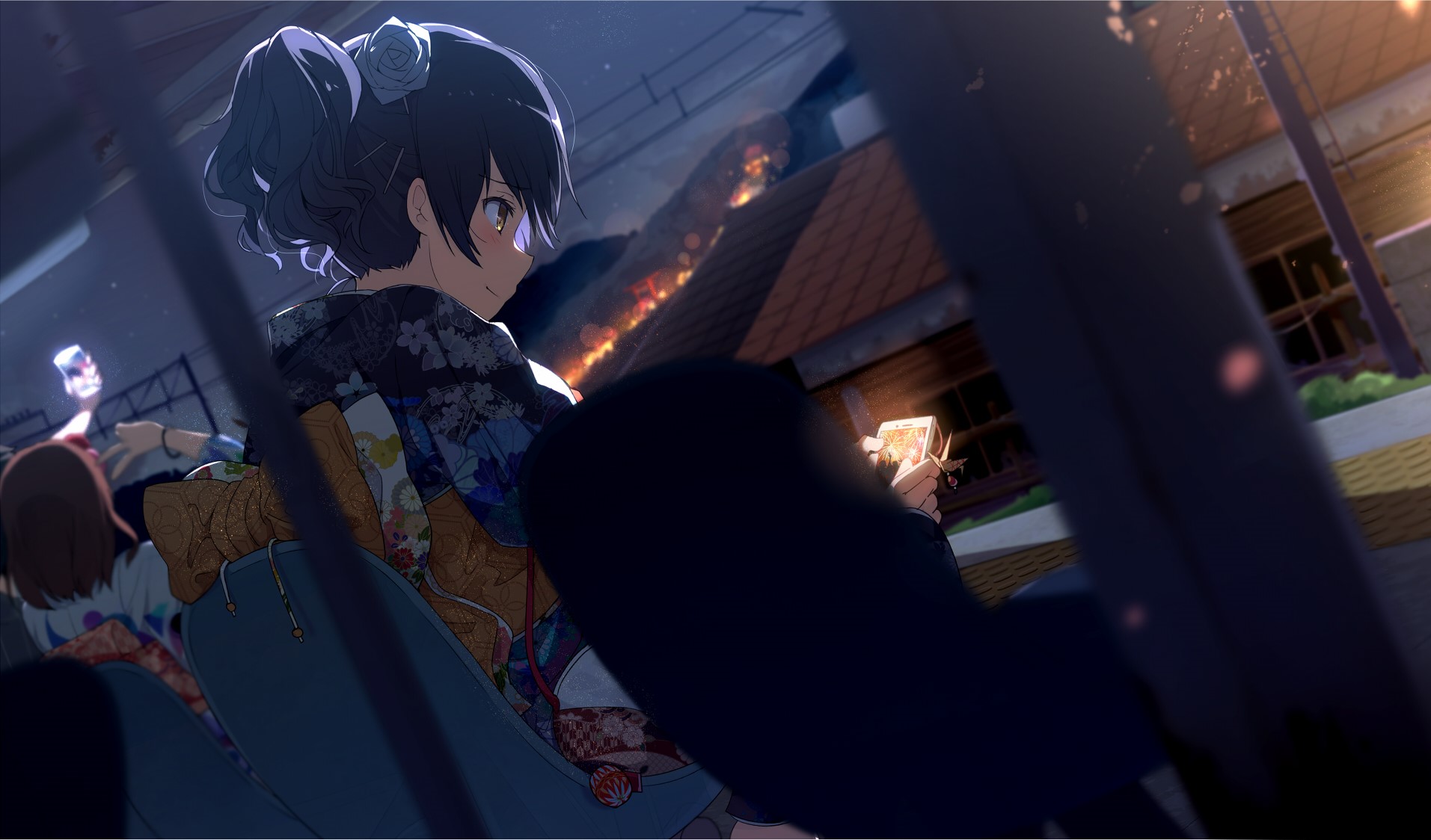 Anime girls in yukatas watching fireworks HD Wallpaper