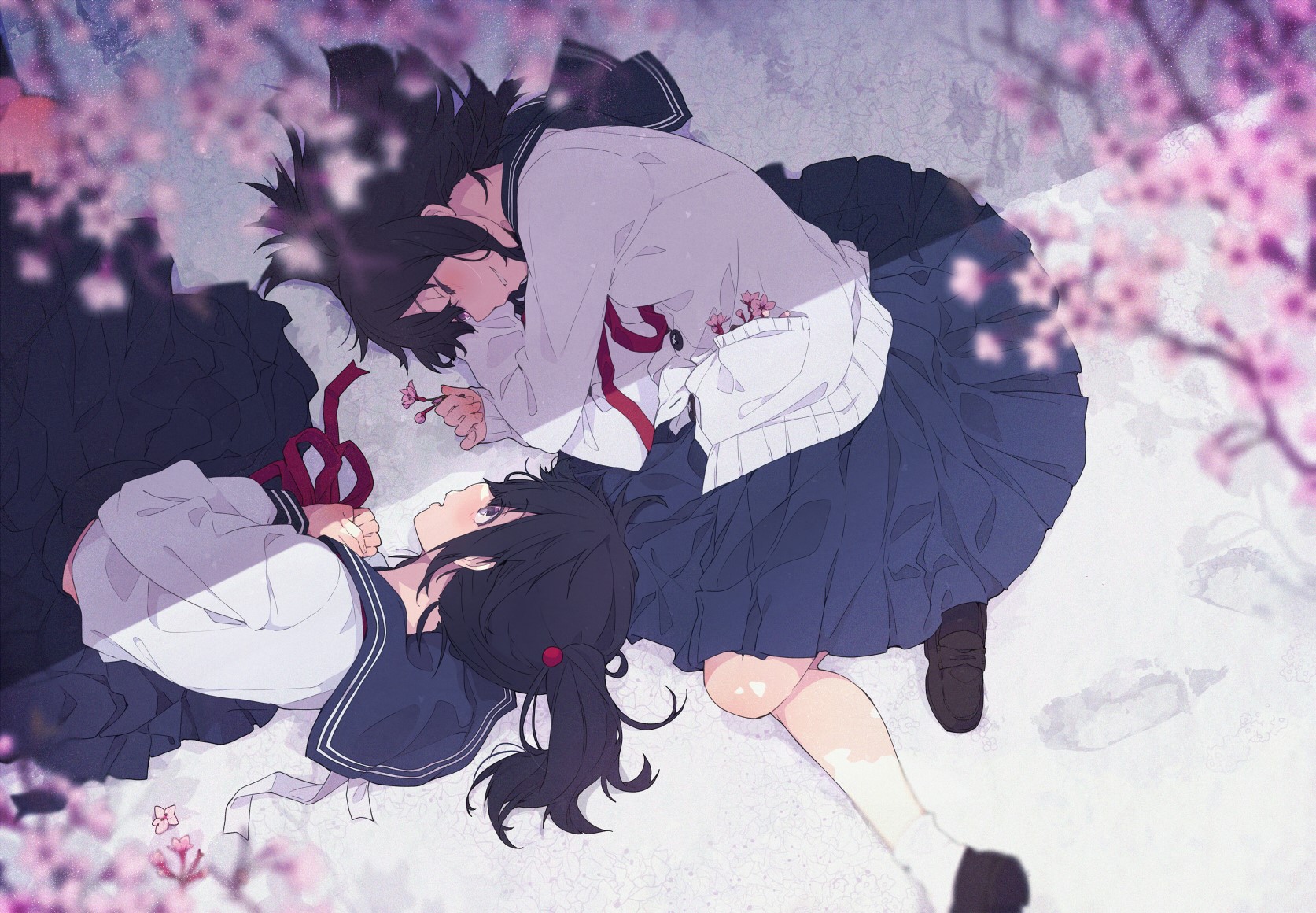 Two anime girls in school uniforms lying down HD Wallpaper
