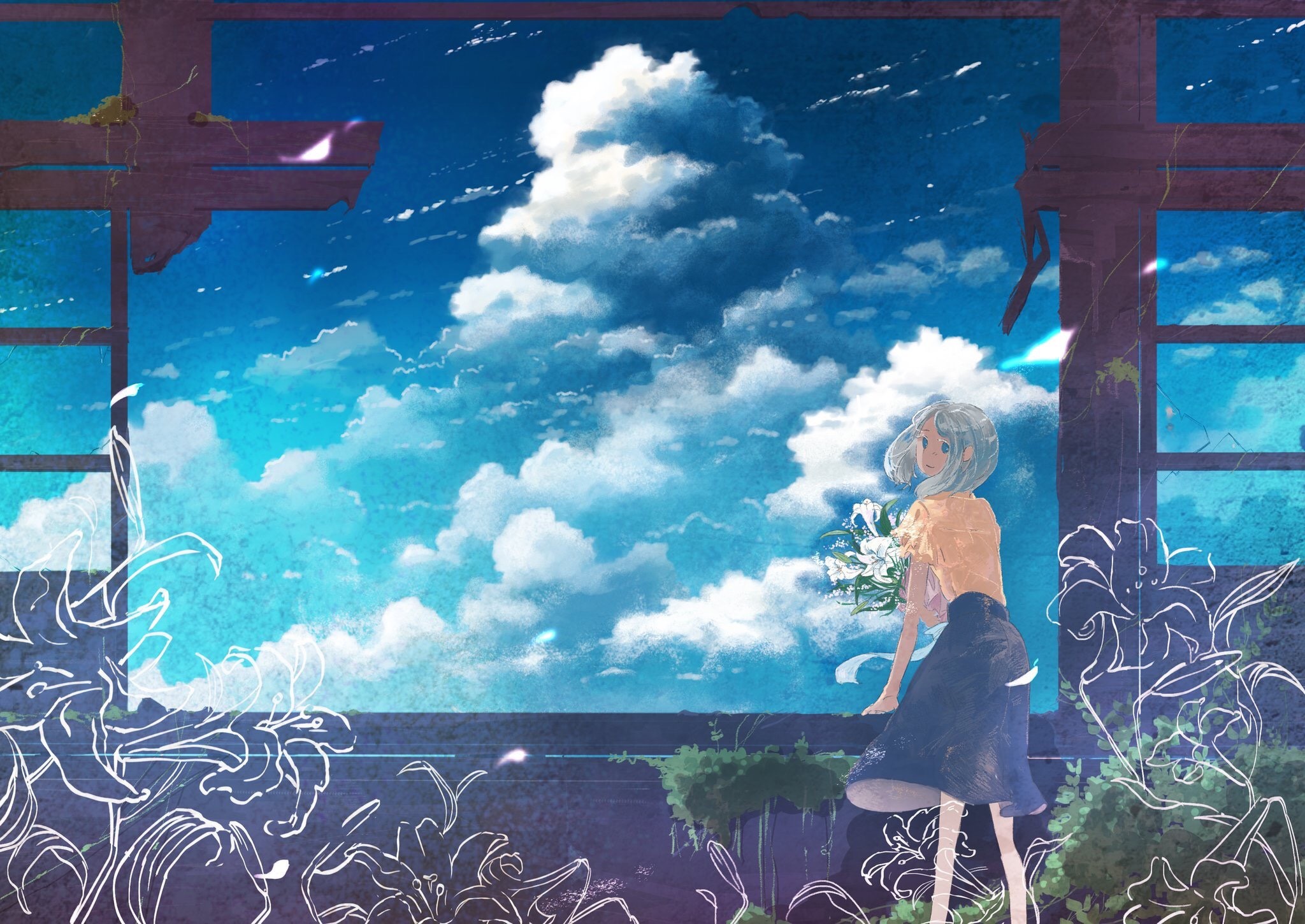 Anime girl with flowers looking at the sky HD Wallpaper