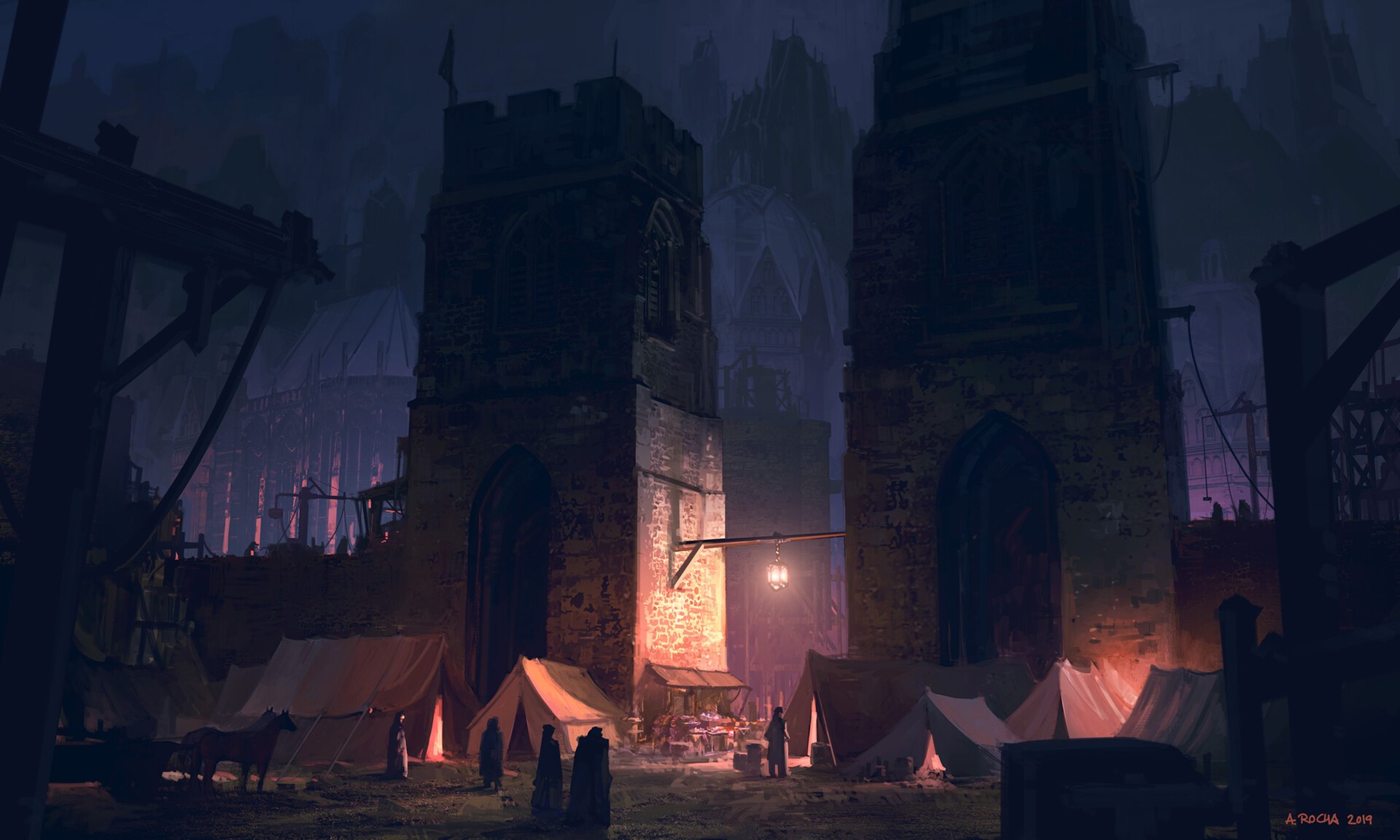 Medieval camp in front of ruined cathedral towers HD Wallpaper