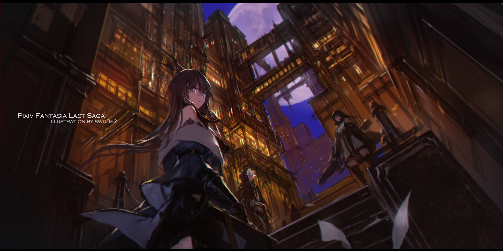 Anime girls in a fantasy city at night HD Wallpaper