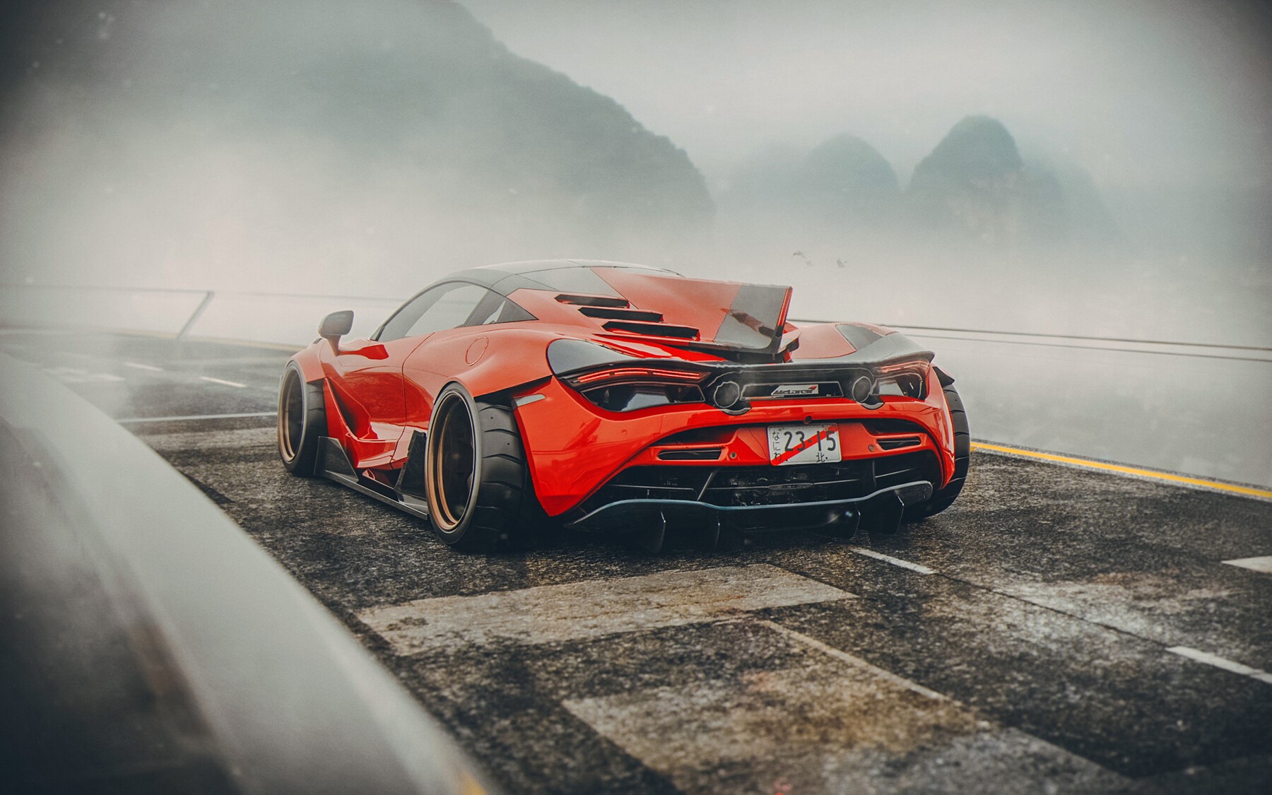 Red McLaren 720S on a foggy road HD Wallpaper