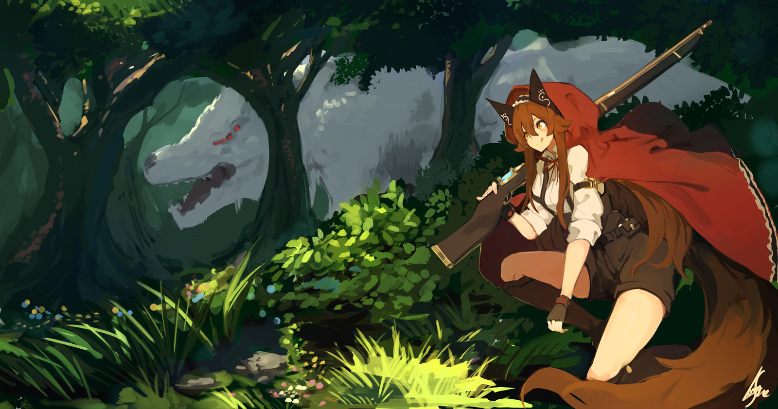 Anime girl with red hood and wolf in forest HD Wallpaper