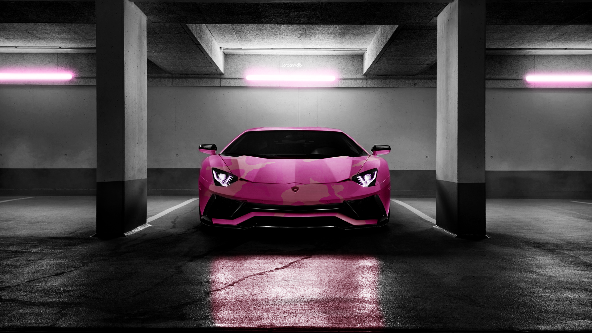 Pink camouflage Lamborghini Aventador in parking garage HD Wallpaper