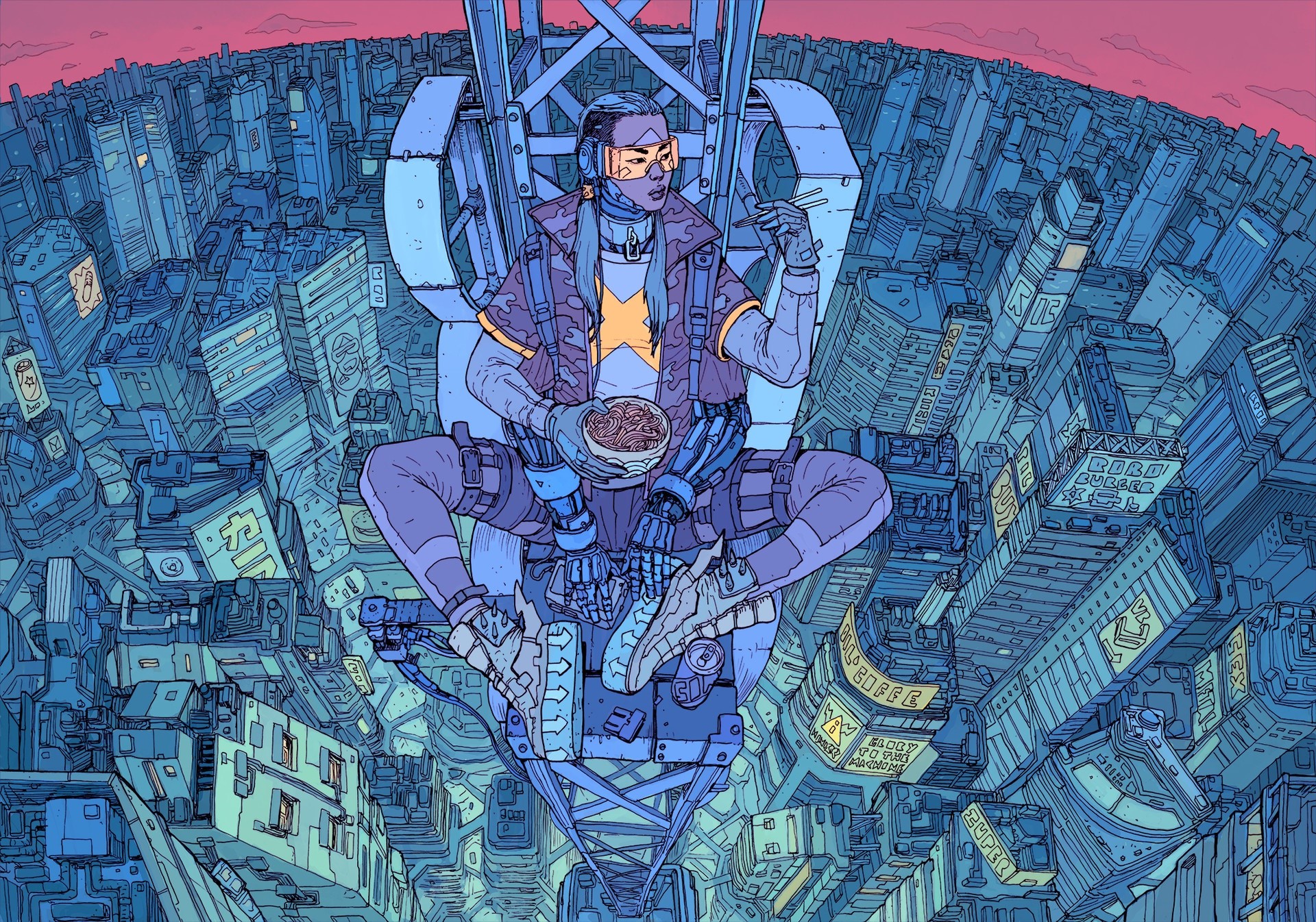Cyberpunk character eating noodles in a futuristic city HD Wallpaper