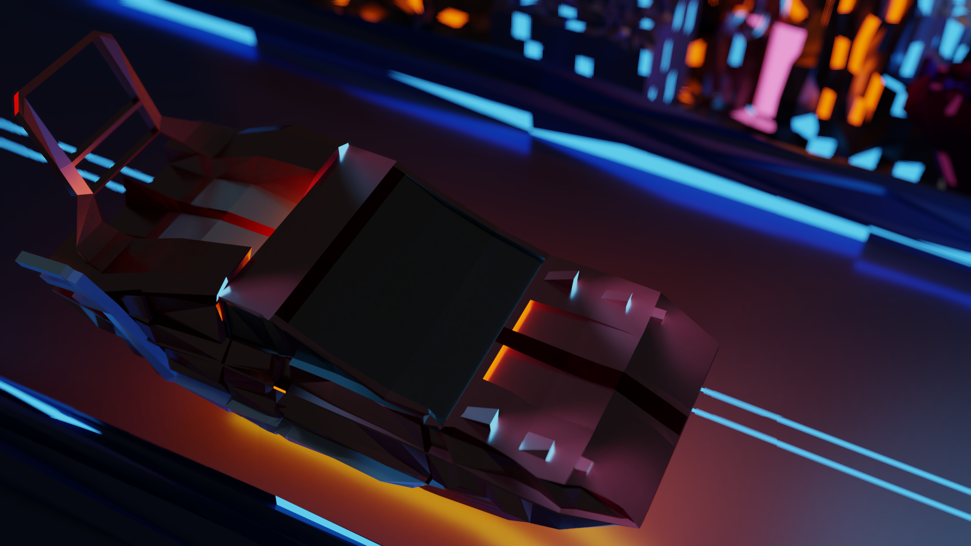 Futuristic car on a neon road in a digital city HD Wallpaper