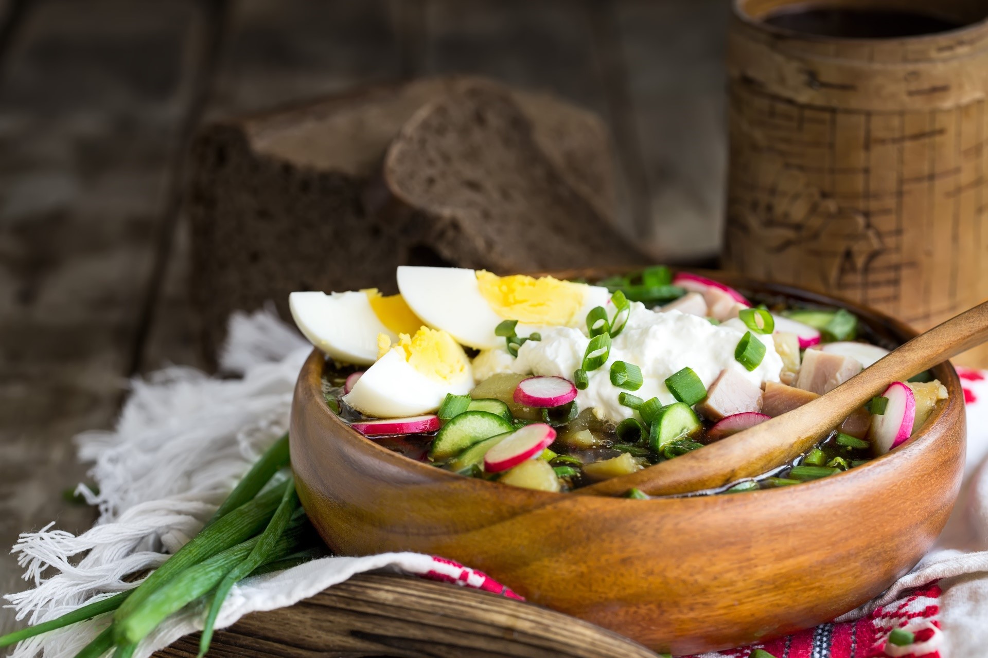 Bowl of Okroshka soup with eggs and vegetables HD Wallpaper